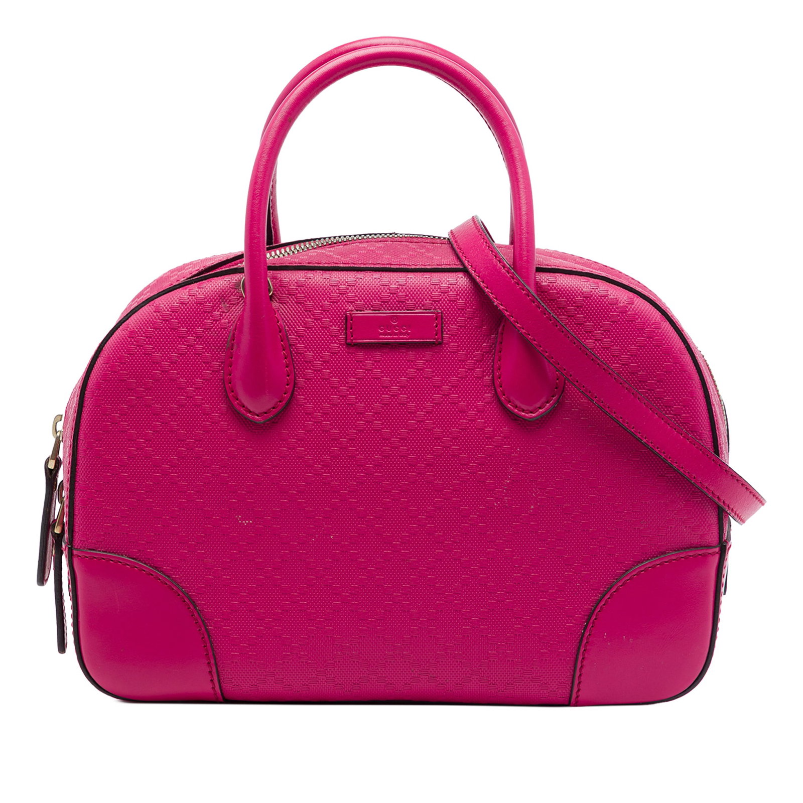 Gucci Diamante Bright pink leather top zip satchel: Gucci Diamante Bright pink leather top zip satchel Gucci Diamante Bright satchel in pink embossed calfskin leather with rolled top handles and a detachable flat shoulder strap. The bag features a top 