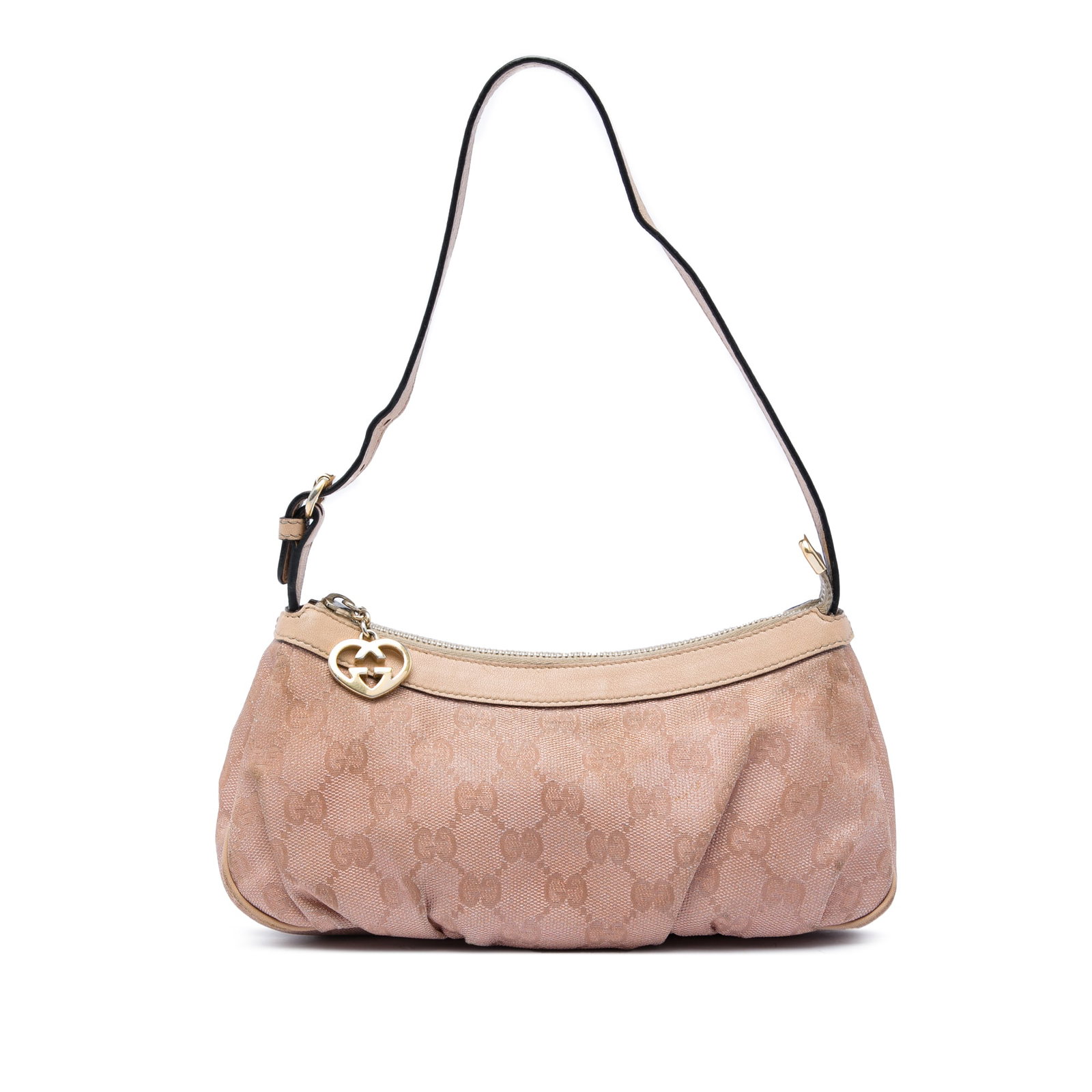 Gucci Lovely Heart Pochette Pink GG Canvas Shoulder Bag: Gucci Lovely Heart Pochette Pink GG Canvas Shoulder Bag A Gucci GG Canvas Lovely Heart Pochette shoulder bag in pink with leather trim and a flat leather strap. The bag features a top zip closure and 