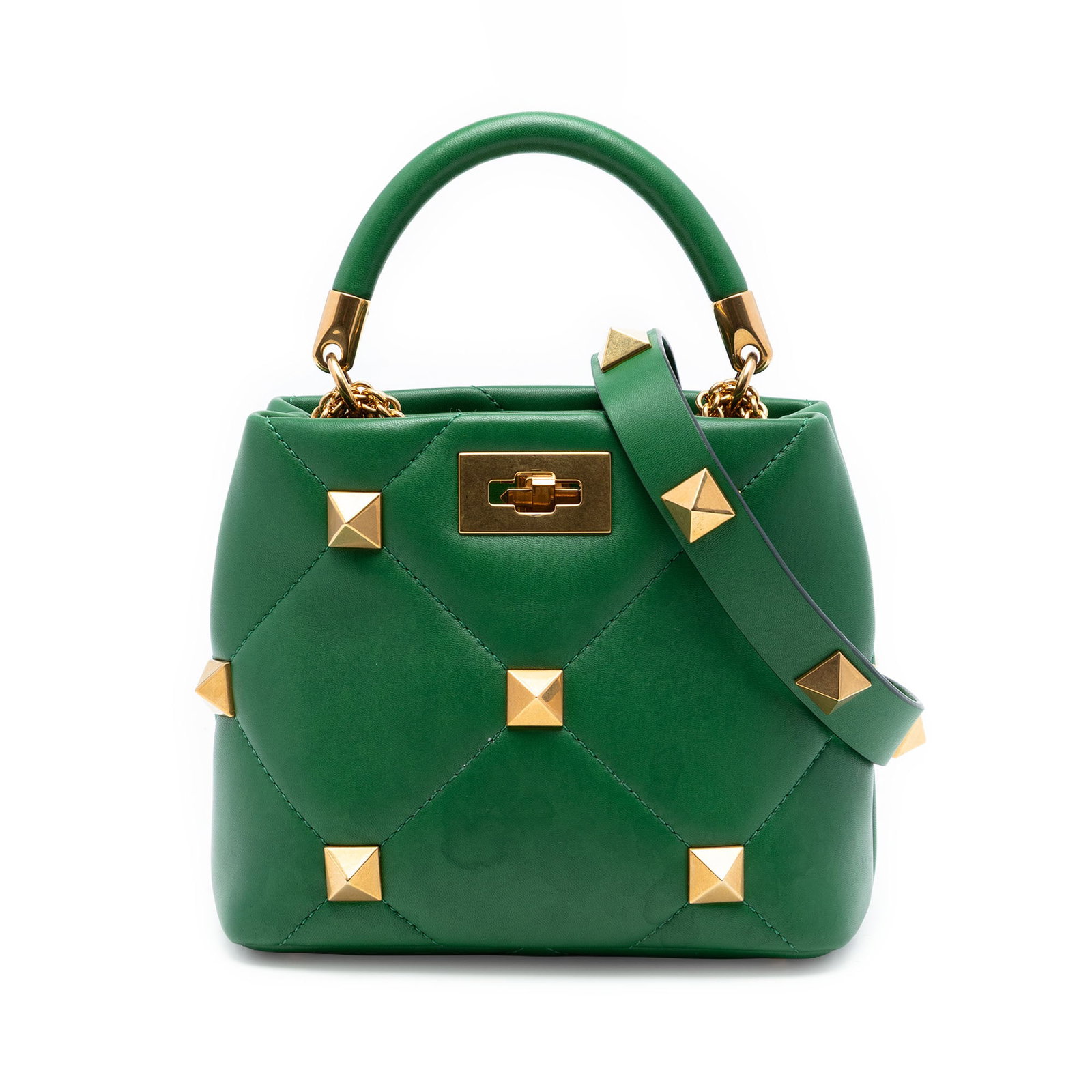 Valentino Roman Stud Small The Handle Satchel Green Leather: Valentino Roman Stud Small The Handle Satchel Green Leather Valentino Small Nappa Roman Stud The Handle Bag in green leather with a studded and quilted design. This satchel features a rolled leather h