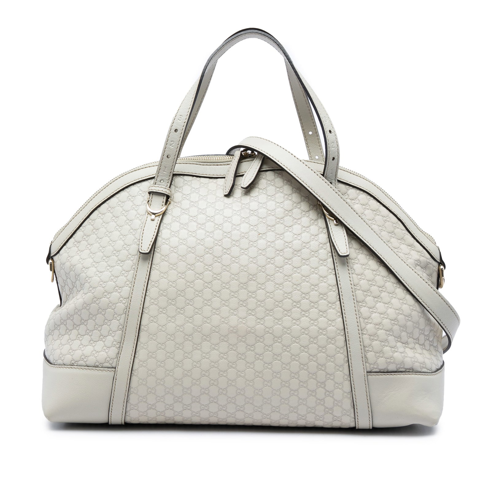 Gucci Nice Dome Satchel Large Microguccissima White Leather: Gucci Nice Dome Satchel Large Microguccissima White Leather A Gucci Large Microguccissima Nice Dome Satchel crafted in white embossed leather. This satchel features flat leather handles, a detachable 