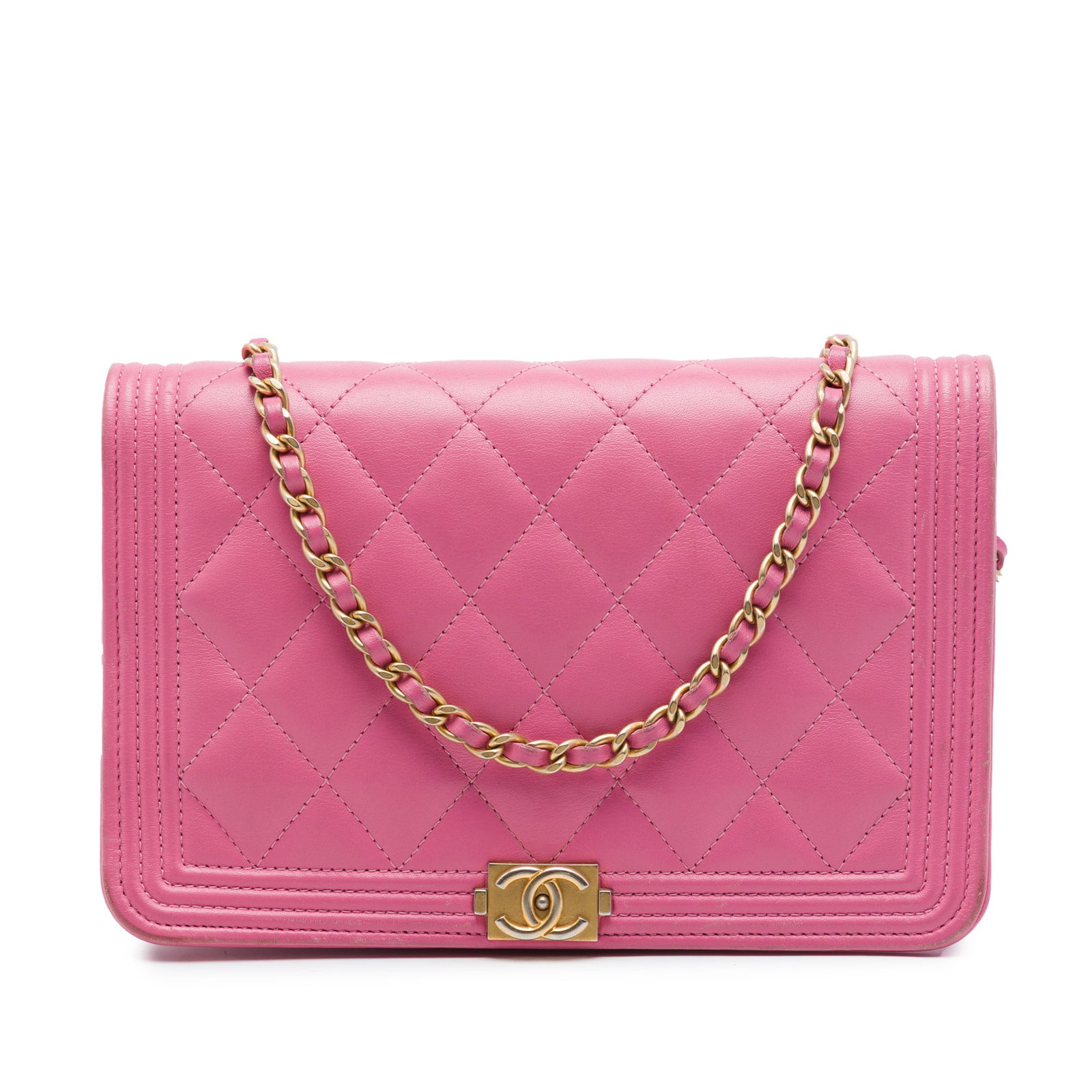 Chanel Boy Wallet on Chain Pink Quilted Lambskin Bag: Chanel Boy Wallet on Chain Pink Quilted Lambskin Bag A Chanel Boy wallet on chain crafted in quilted lambskin leather. This pink bag features a leather-woven chain strap, a front flap with magnetic sn
