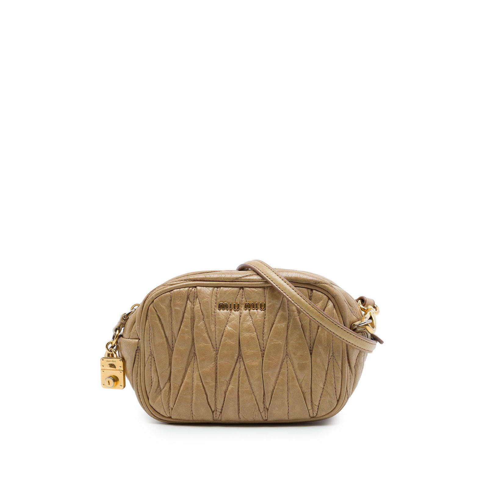 Beige Leather Crossbody Miu Miu Matelasse Nappa Camera Bag: Beige Leather Crossbody Miu Miu Matelasse Nappa Camera Bag Miu Miu Matelasse Nappa Camera Bag in beige leather with a gathered leather body, adjustable flat leather strap, and top zip closure. This cr