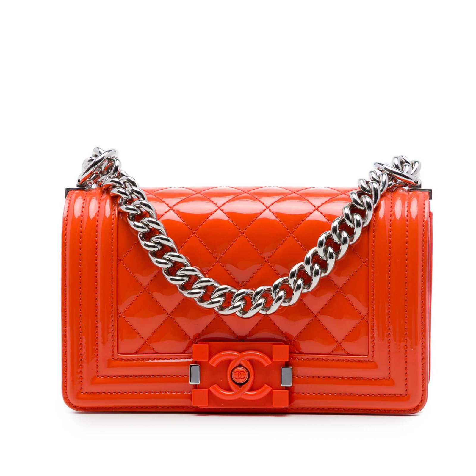 Chanel Boy Flap Small Orange Patent Leather Crossbody Bag: Chanel Boy Flap Small Orange Patent Leather Crossbody Bag A Chanel Boy Flap crossbody bag in orange quilted patent leather with acrylic detailing. It features a curb chain link strap with a leather gu