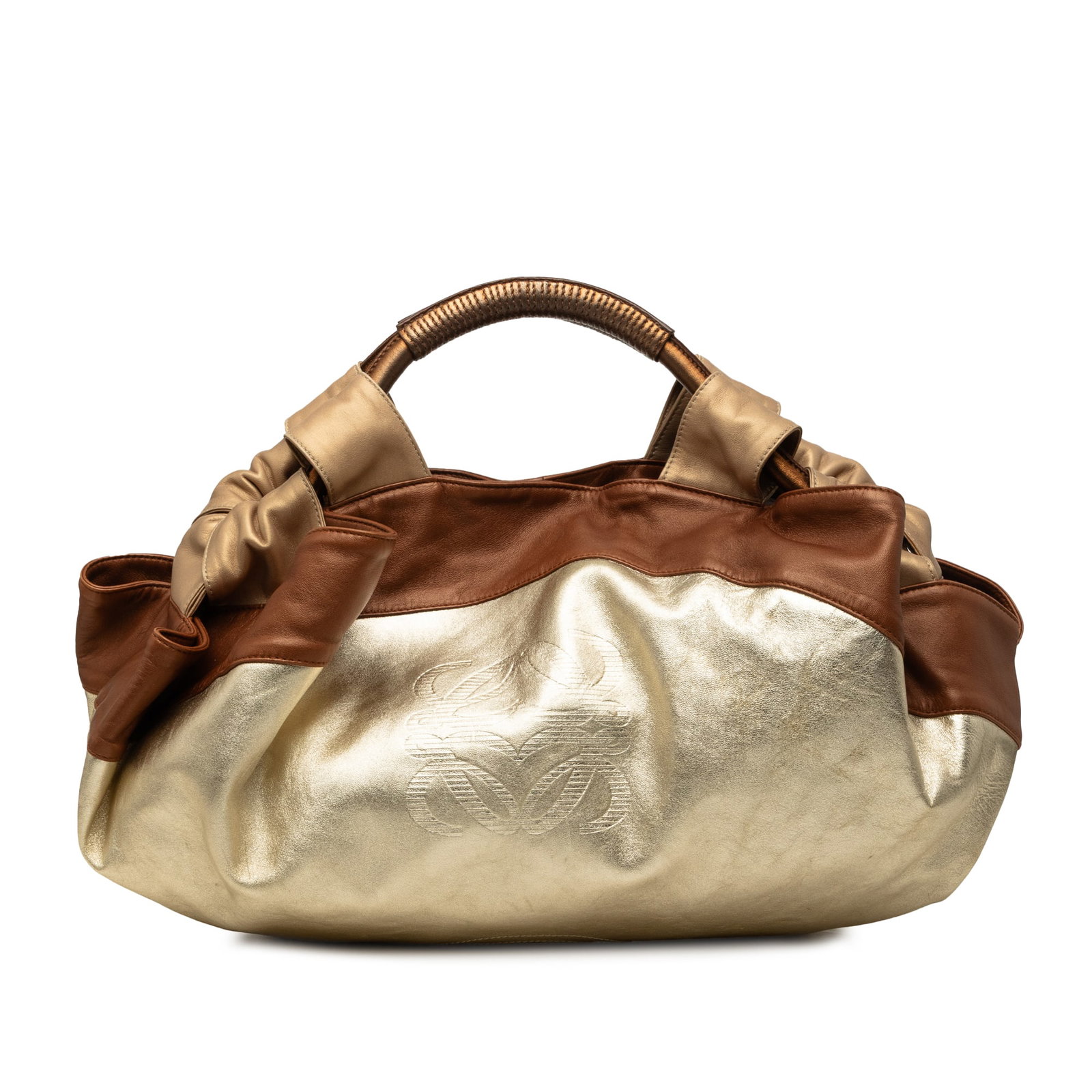 LOEWE Tricolor Nappa Aire Leather Handbag: LOEWE Tricolor Nappa Aire Leather Handbag A LOEWE Tricolor Nappa Aire bag crafted in leather with rolled leather handles and an open top with magnetic snap closure. The interior includes a zip pocket.