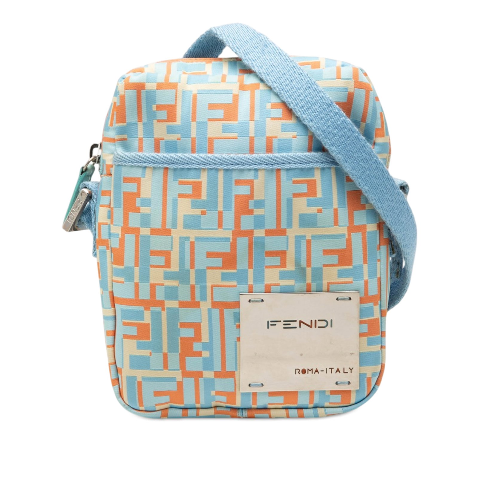 Fendi Zucca Blue Nylon Crossbody Bag: Fendi Zucca Blue Nylon Crossbody Bag Fendi Zucca nylon messenger bag in blue with a compact crossbody silhouette. It features a nylon body, an adjustable flat shoulder strap, a top zip closure, an ext
