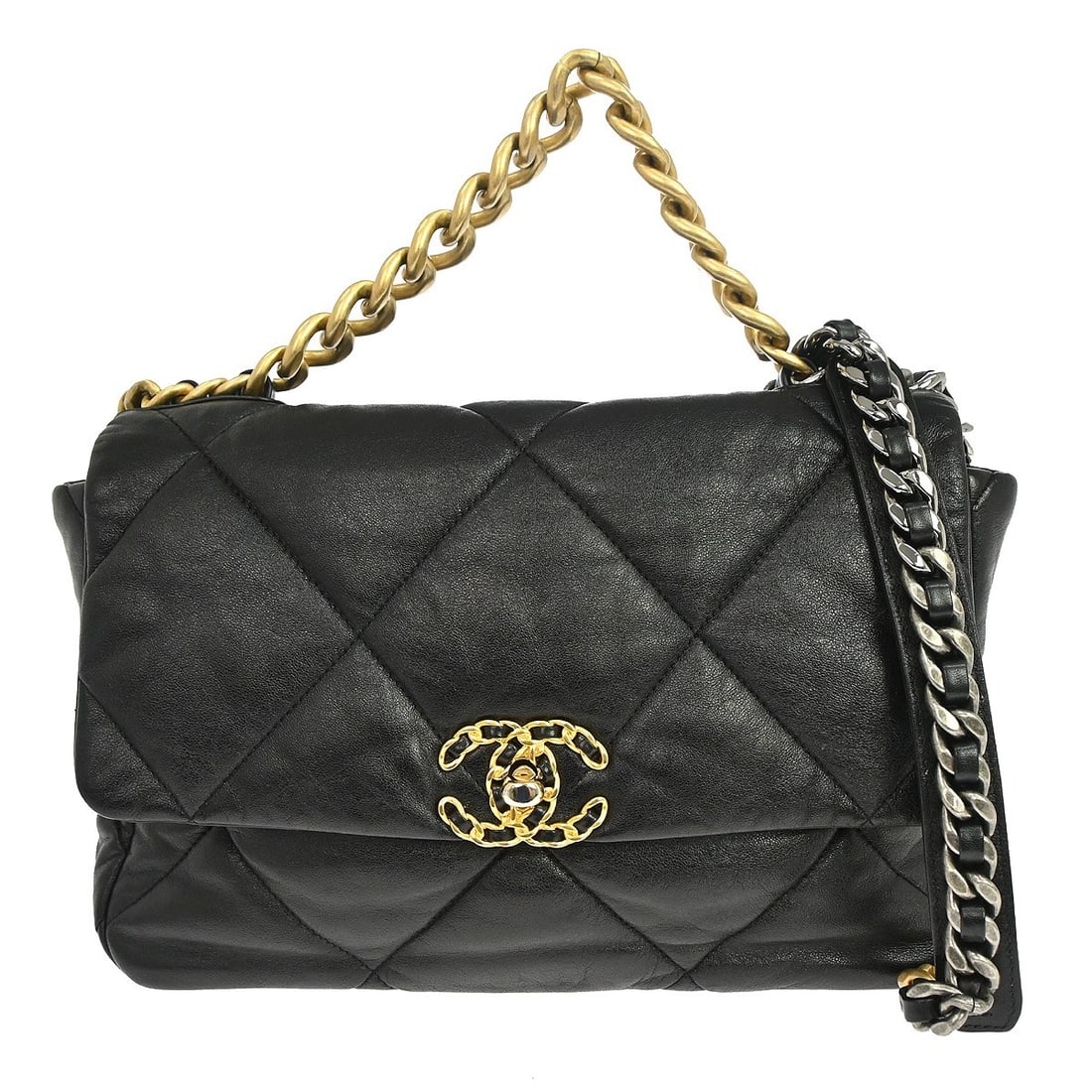 CHANEL 19 Black Lambskin Shoulder Bag 2way Large: CHANEL 19 Black Lambskin Shoulder Bag 2way Large Chanel 19 large 2way handbag in black lambskin leather with a turn-lock closure, chain shoulder strap, and red leather lining. This women's shoulder ba