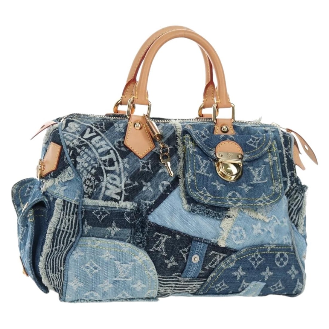 Louis Vuitton M95380 Speedy 30 Blue Monogram Denim Handbag: Louis Vuitton M95380 Speedy 30 Blue Monogram Denim Handbag Louis Vuitton Monogram Denim Patchwork Speedy 30 handbag in blue Monogram denim canvas. Made in France, this women's handbag includes a dust 