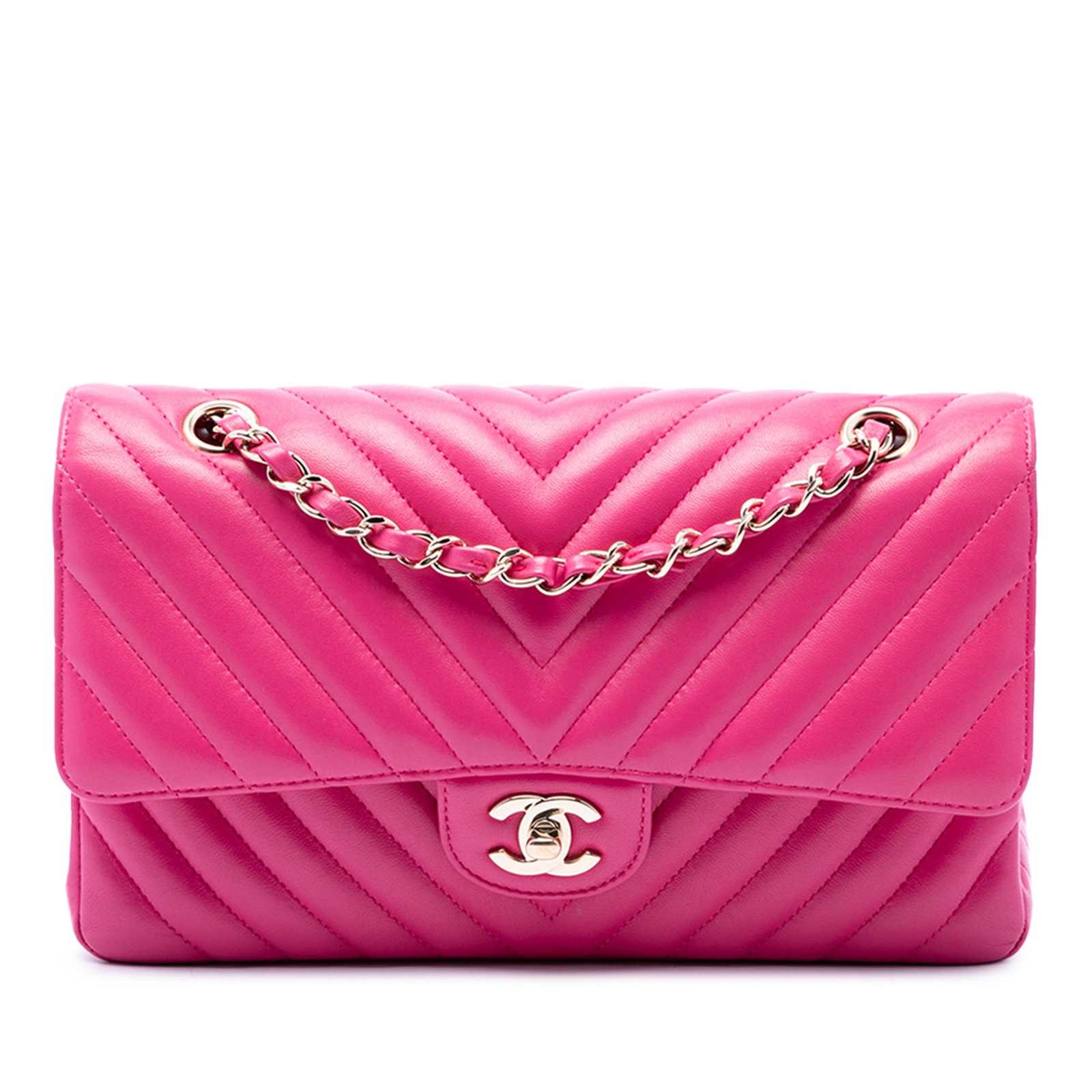 Chanel Medium Classic Chevron Double Flap Shoulder Bag Pink Lambskin: Chanel Medium Classic Chevron Double Flap Shoulder Bag Pink Lambskin A Chanel Medium Classic Chevron Double Flap shoulder bag in pink lambskin leather. This bag features a quilted leather body, leathe