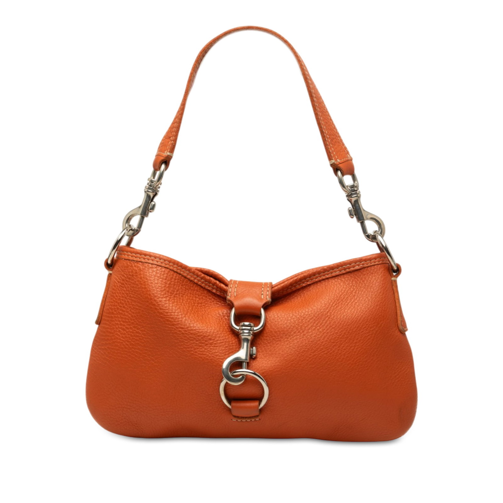 Miu Miu Orange Leather Shoulder Bag with Silver Tone Hardware: Miu Miu Orange Leather Shoulder Bag with Silver Tone Hardware Miu Miu grained leather shoulder bag in orange with a streamlined silhouette and practical everyday design. It features a flat shoulder st