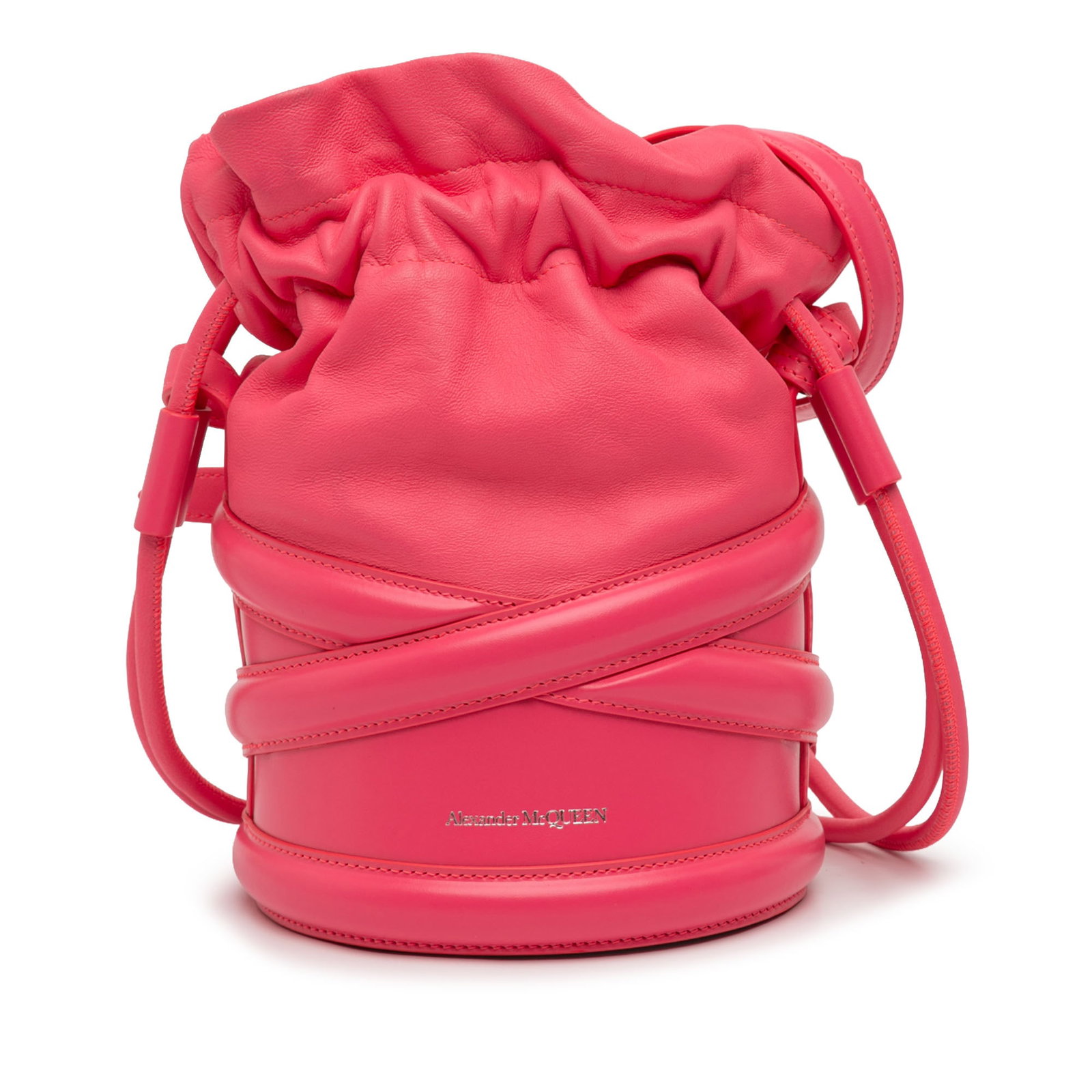 Alexander McQueen Soft Curve Bucket Bag Pink Calfskin Leather: Alexander McQueen Soft Curve Bucket Bag Pink Calfskin Leather Alexander McQueen The Soft Curve bucket bag in pink calfskin leather with a drawstring top and adjustable flat shoulder strap. The interio