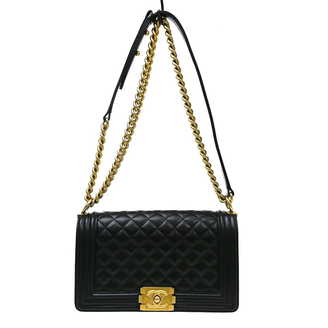 CHANEL Boy Medium Shoulder Bag Black Caviar Leather Chain Strap: CHANEL Boy Medium Shoulder Bag Black Caviar Leather Chain Strap CHANEL Boy Medium shoulder bag in black caviar skin leather with a structured square silhouette, push-lock closure, silver-color hardwar