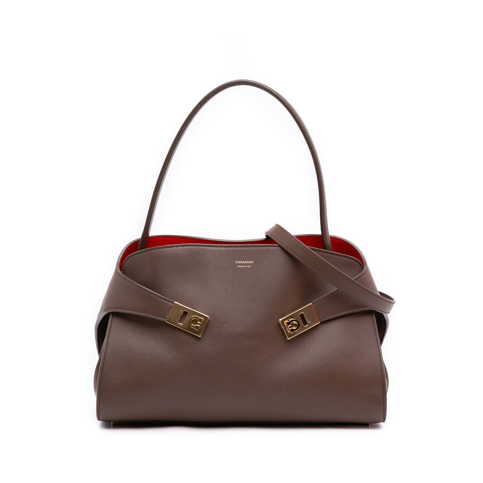Ferragamo Hug Medium Leather Satchel with Strap Brown (1 of 7)