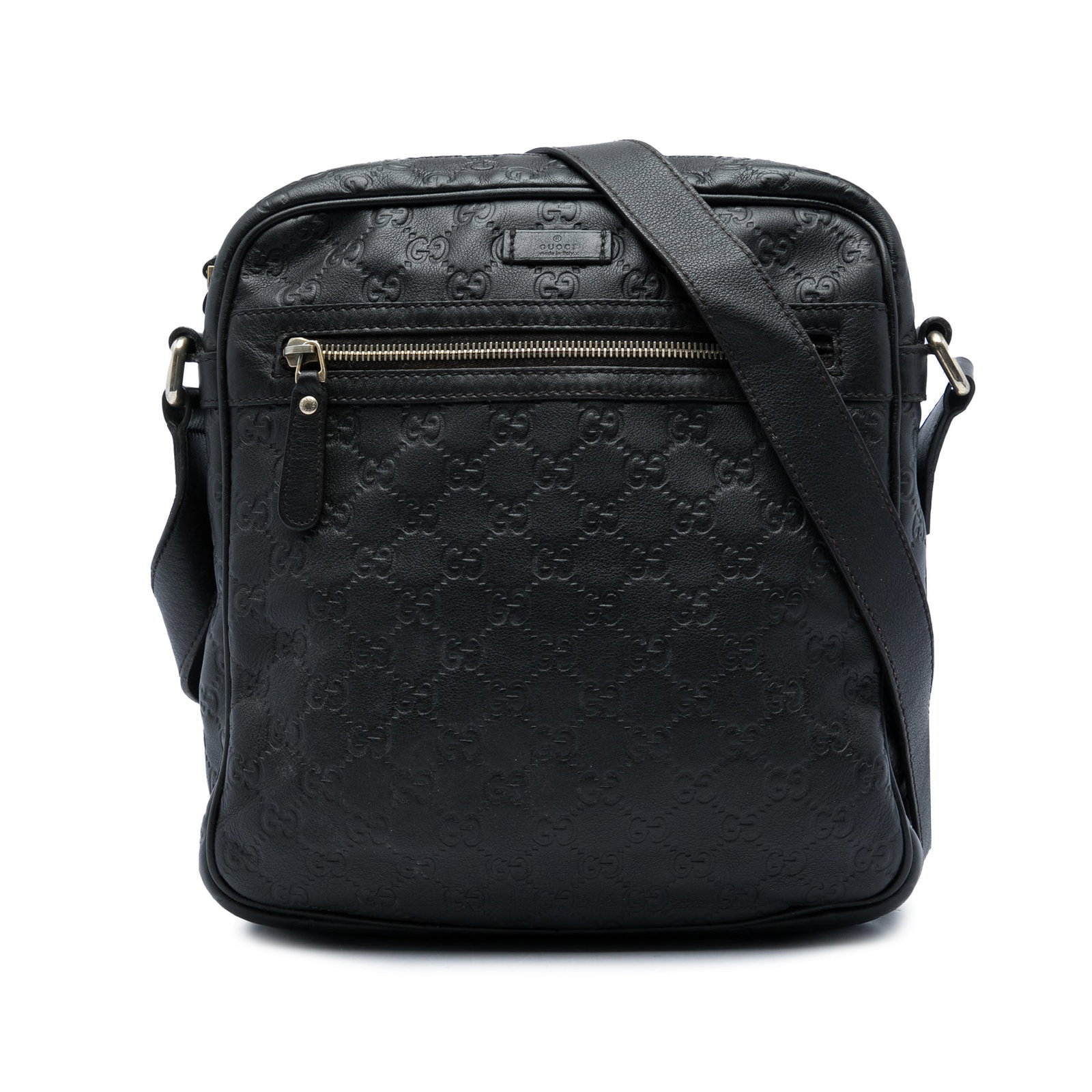 Gucci Guccissima Leather Crossbody Bag Black: Gucci Guccissima Leather Crossbody Bag Black Gucci Guccissima Crossbody bag in black leather with an adjustable flat leather strap, top zip closure, exterior front zip pocket, and interior zip and sli