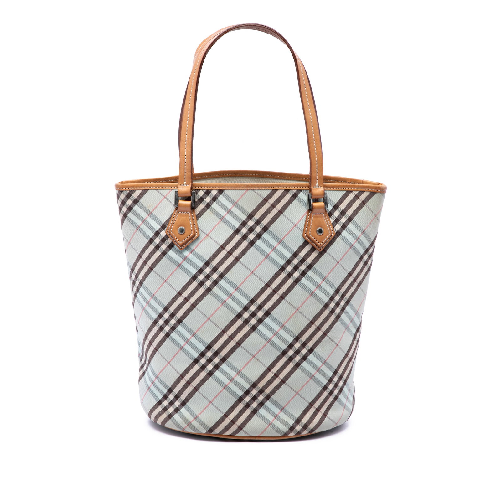 Burberry Nova Check Blue Canvas Tote Bag with Leather Trim: Burberry Nova Check Blue Canvas Tote Bag with Leather Trim Burberry Nova Check canvas tote with leather trim and flat leather handles. The open-top design includes interior zip and slip pockets for or
