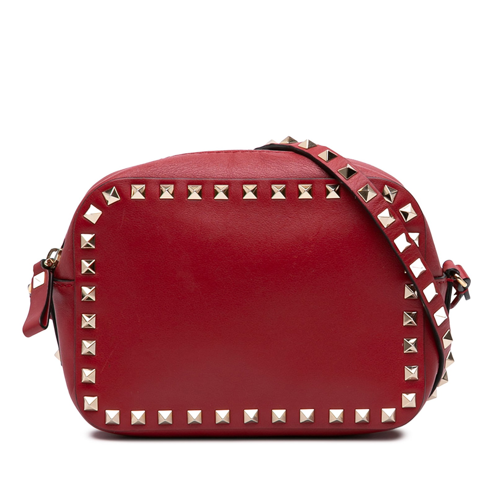 Valentino Rockstud Leather Crossbody Camera Bag Red: Valentino Rockstud Leather Crossbody Camera Bag Red Valentino Leather Rockstud Camera Bag in red leather with signature rockstud embellishments. This crossbody style features a studded flat strap, top