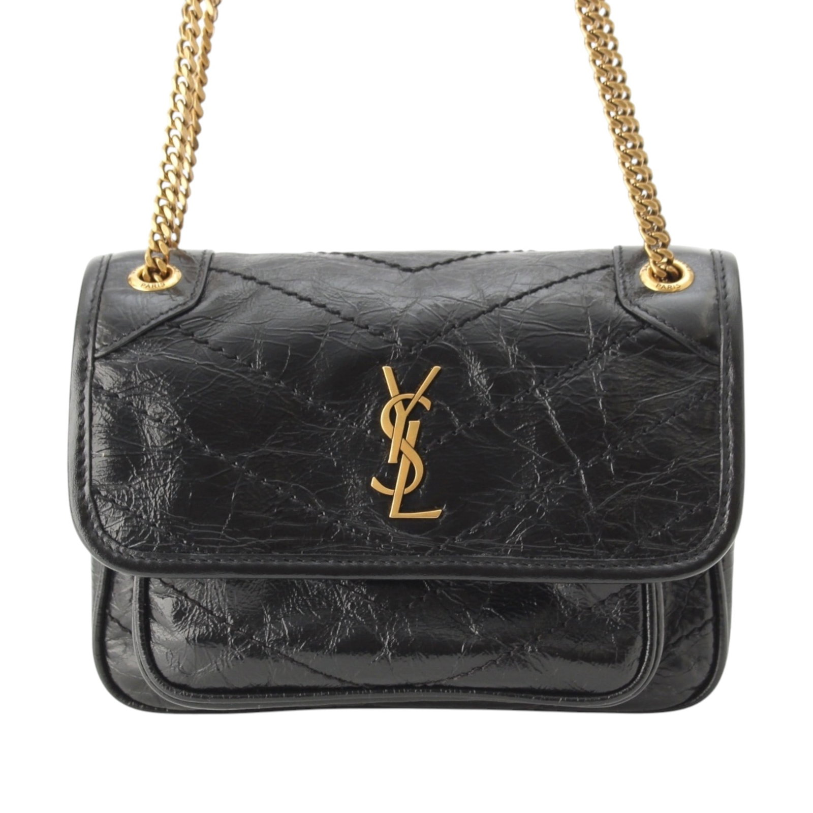 Saint Laurent Niki Mini Crinkled Calfskin Shoulder Bag Black: Saint Laurent Niki Mini Crinkled Calfskin Shoulder Bag Black Saint Laurent Mini Niki shoulder bag crafted in crinkled calfskin leather. This black bag features curb chain straps, a front flap with mag