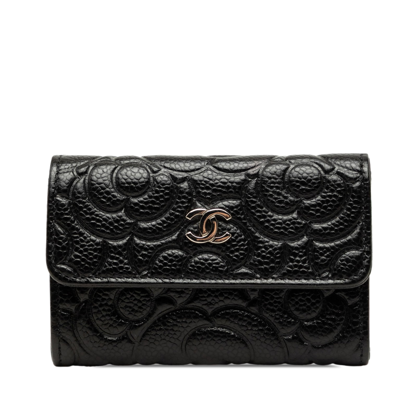 Chanel CC Camellia Caviar Leather Card Holder Black: Chanel CC Camellia Caviar Leather Card Holder Black A compact Chanel card holder crafted in black embossed caviar leather with a camellia motif. It features a front flap with snap closure and interior
