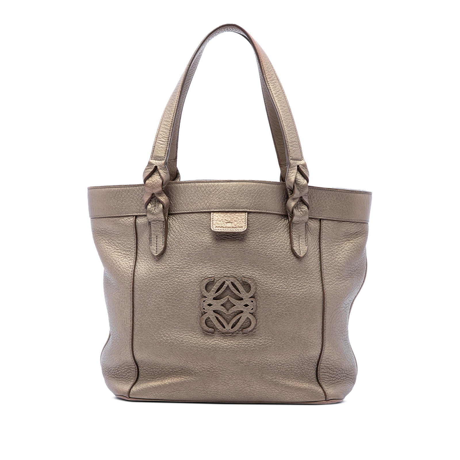 LOEWE Anagram Fusta Metallic Leather Zip Tote Bag: LOEWE Anagram Fusta Metallic Leather Zip Tote Bag A LOEWE Anagram Fusta tote crafted in metallic leather with flat leather straps, a top zip closure, and an interior zip pocket. Made in Spain, this br