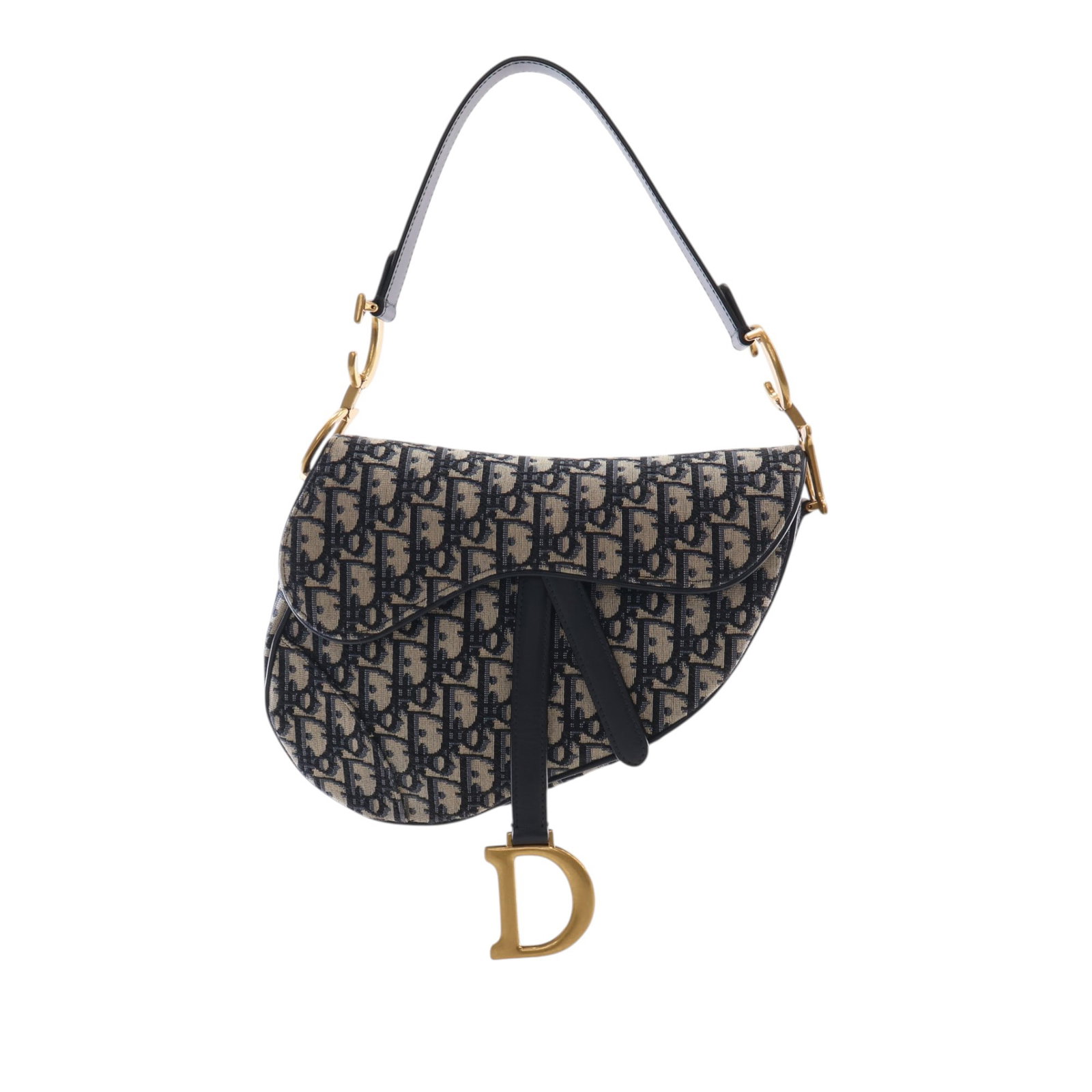 Dior Oblique Saddle Bag in Blue Canvas and Leather: Dior Oblique Saddle Bag in Blue Canvas and Leather A Dior Saddle Bag in blue oblique canvas with leather trim. This bag features a flat leather strap, a detachable flat strap, a front flap with magnet