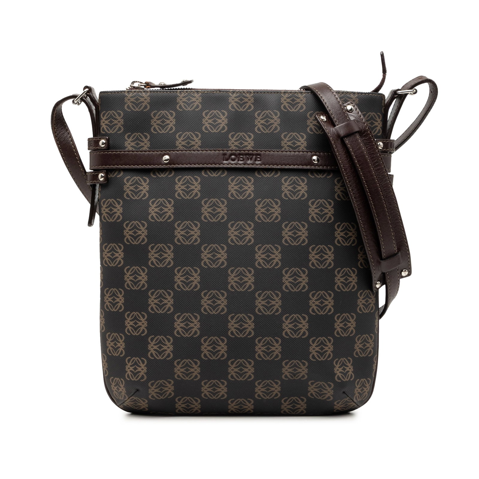 LOEWE Anagram crossbody bag in coated canvas with leather trim: LOEWE Anagram crossbody bag in coated canvas with leather trim LOEWE Anagram coated canvas crossbody bag with leather trim and a flat leather strap. The design includes a detachable exterior front fla