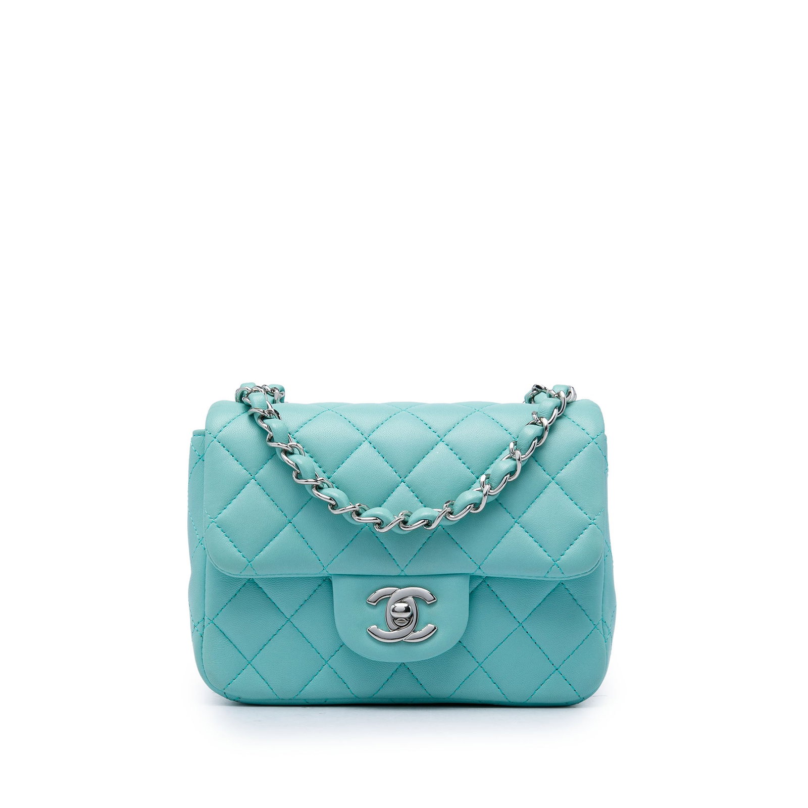 Chanel Mini Square Classic Flap Crossbody Blue Lambskin: Chanel Mini Square Classic Flap Crossbody Blue Lambskin Chanel Mini Square Classic Lambskin Single Flap crossbody bag in blue quilted lambskin. It features a leather-woven chain-link shoulder strap, a