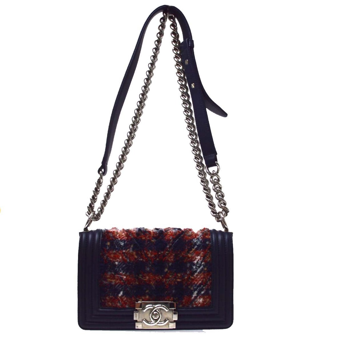 CHANEL Boy Chanel Tweed Shoulder Bag with Double Chain: CHANEL Boy Chanel Tweed Shoulder Bag with Double Chain Boy Chanel small double chain shoulder bag in blue tweed with a matelasse pattern and flap push-lock closure. Designed with a silver-tone chain s