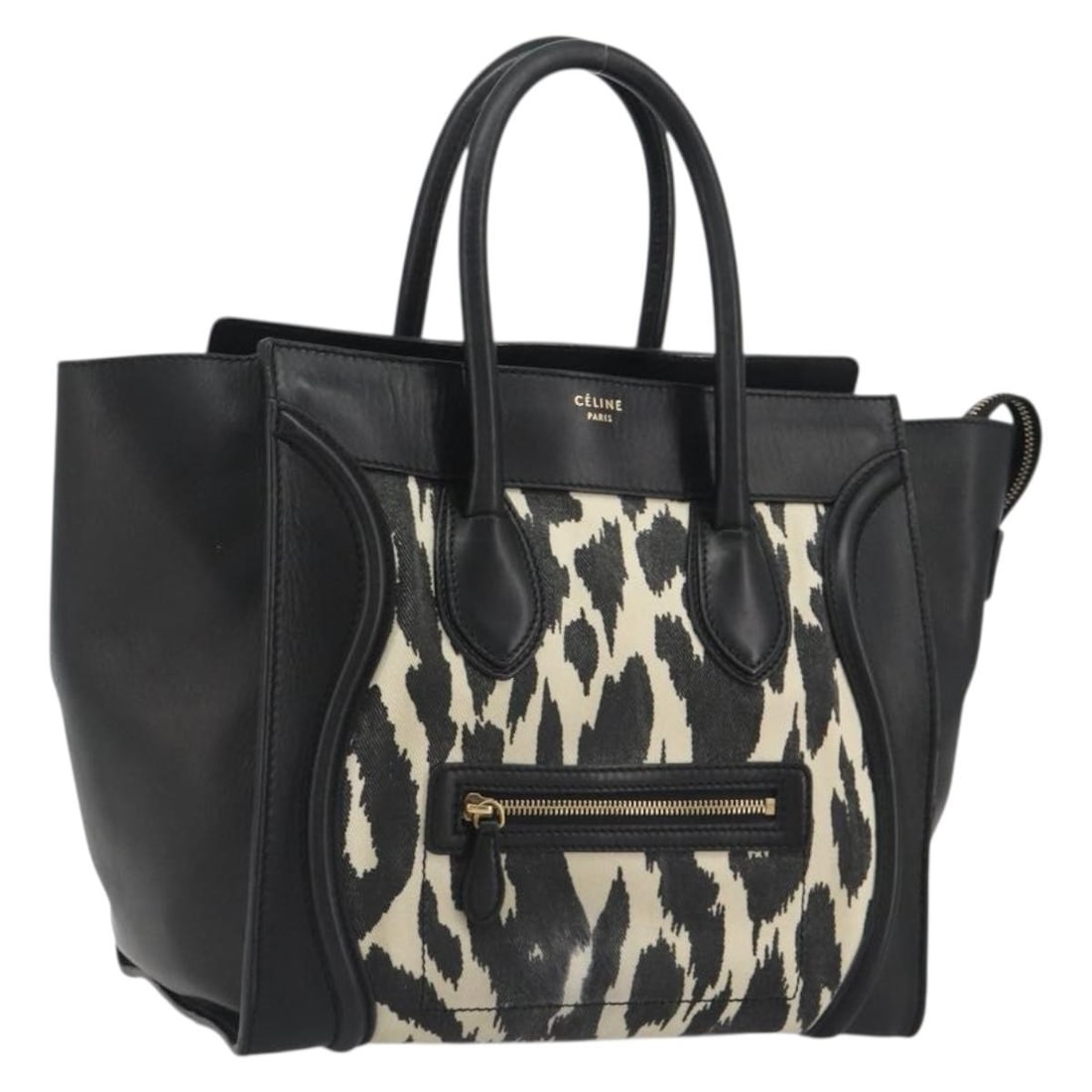 CELINE Luggage canvas handbag black and gold with dust bag: CELINE Luggage canvas handbag black and gold with dust bag Celine Luggage handbag in black canvas with gold-tone accents. Made in Italy, this women's handbag includes a dust bag. Condition is B with r