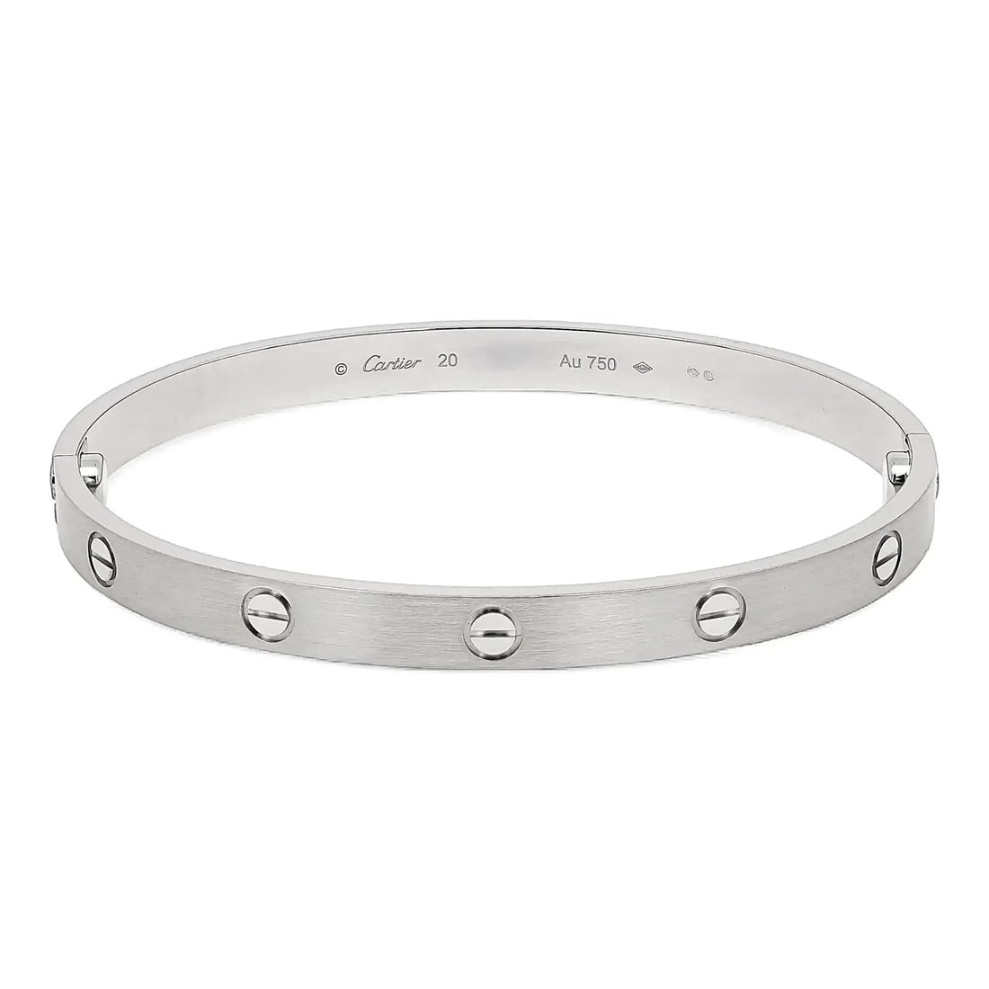 Cartier Love Classic Bangle 18K White Gold Brushed Size 20: Cartier Love Classic Bangle 18K White Gold Brushed Size 20 Cartier Love bracelet classic model in brushed 18k white gold. This unisex bangle features the newer style screw system and engraved, stackab