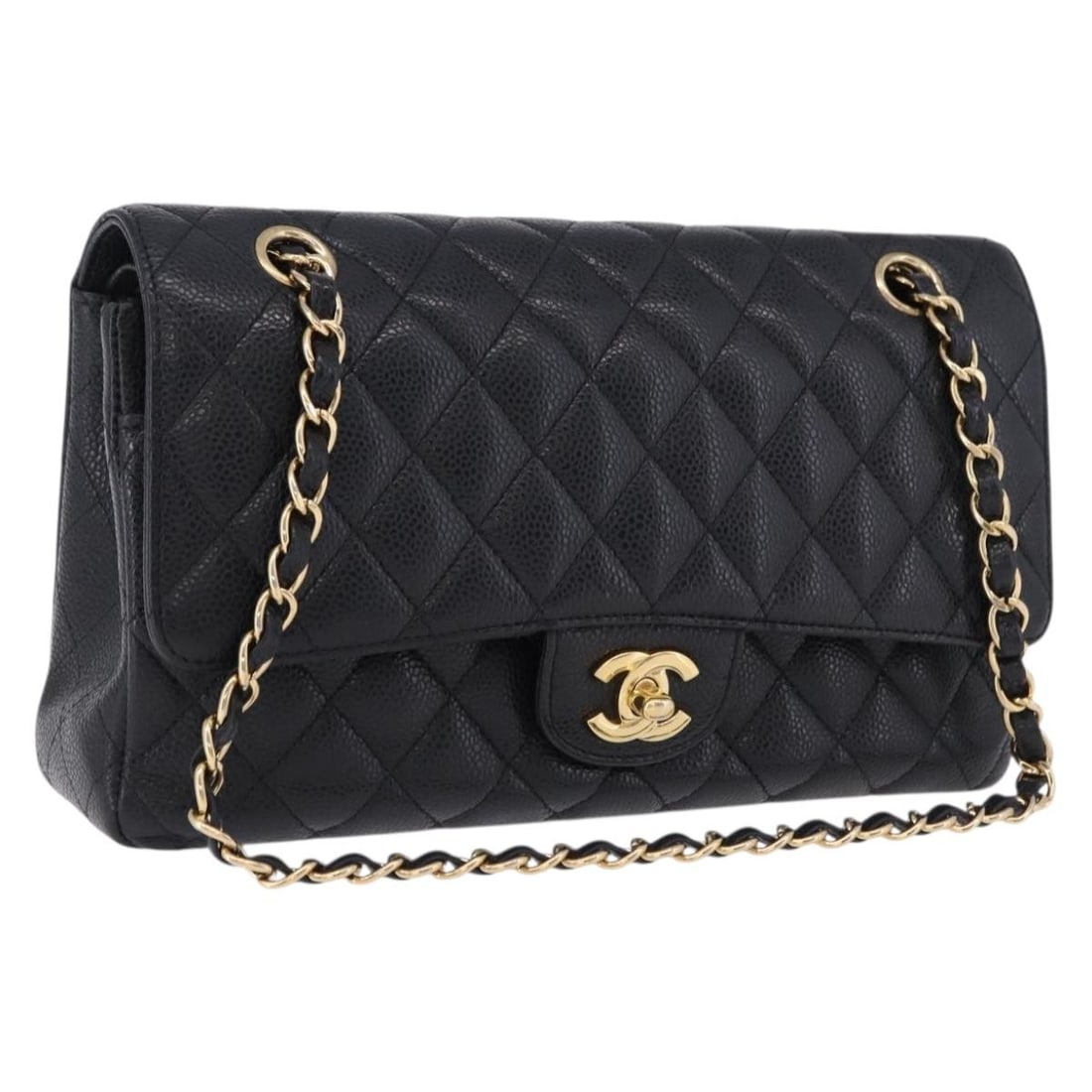 CHANEL Matelasse Shoulder Bag Black Caviar Skin Gold CC: CHANEL Matelasse Shoulder Bag Black Caviar Skin Gold CC Chanel Matelasse shoulder bag in black grained calf skin with gold-tone CC chain detailing. Made in France, this women's shoulder bag includes o