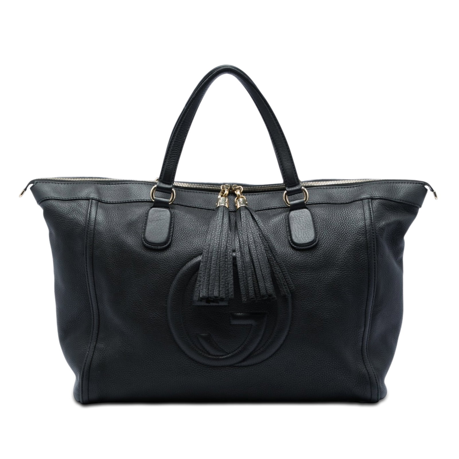 Gucci Soho Working Tote Large Black Calfskin Leather Bag: Gucci Soho Working Tote Large Black Calfskin Leather Bag Gucci Large Calfskin Soho Working Tote in black leather with flat leather handles, a top zip closure with tassel detail, and an interior with z