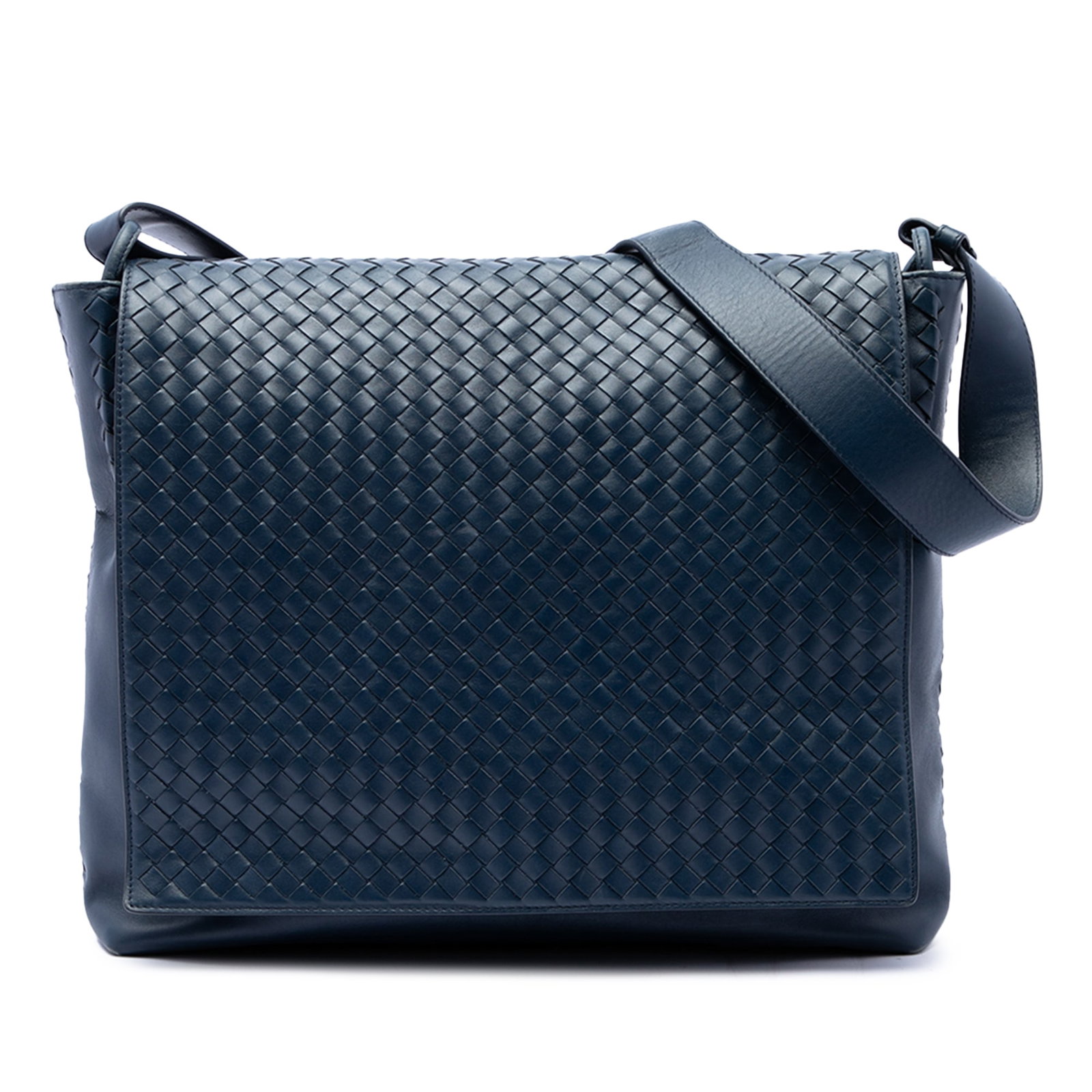 Blue leather crossbody bag Bottega Veneta Nappa Intrecciato flap: Blue leather crossbody bag Bottega Veneta Nappa Intrecciato flap A Bottega Veneta Nappa Intrecciato flap crossbody in blue woven nappa leather. The bag features an adjustable flat leather shoulder str