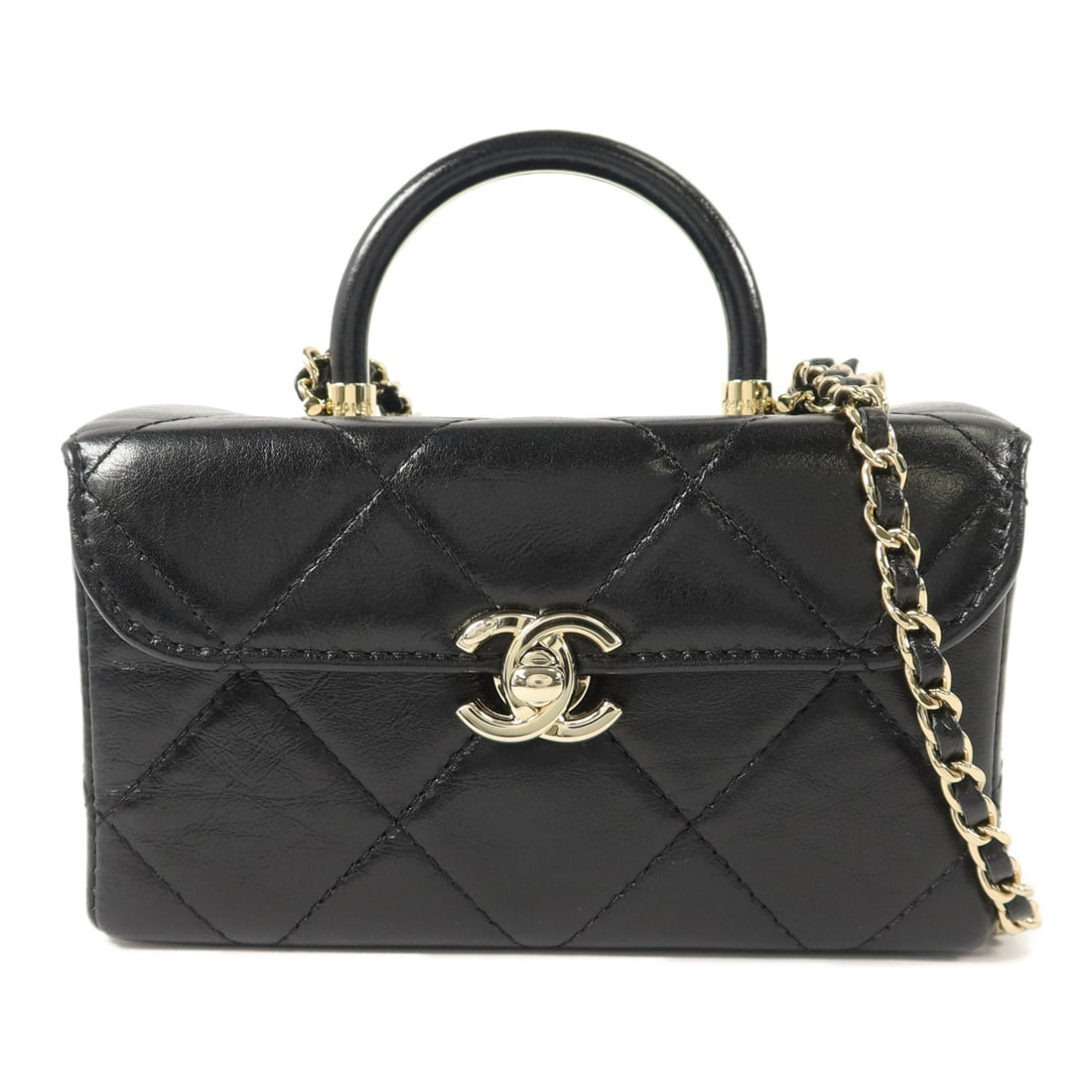 CHANEL AS4469 CC Vanity Case 2way Shoulder Bag Black Calfskin: CHANEL AS4469 CC Vanity Case 2way Shoulder Bag Black Calfskin Chanel CC vanity case 2-way shoulder bag in black calfskin leather. This women's bag features a structured compact silhouette with a turn-