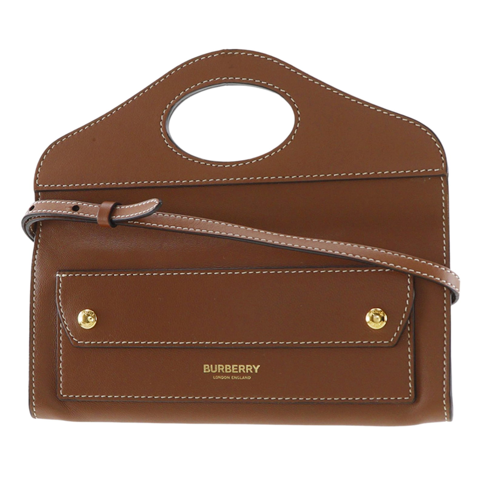 Burberry Calfskin Pocket Clutch Leather Crossbody Bag Brown: Burberry Calfskin Pocket Clutch Leather Crossbody Bag Brown Burberry Calfskin Pocket Clutch with Strap in brown leather. This compact bag features cut-out leather handles, a detachable and adjustable 