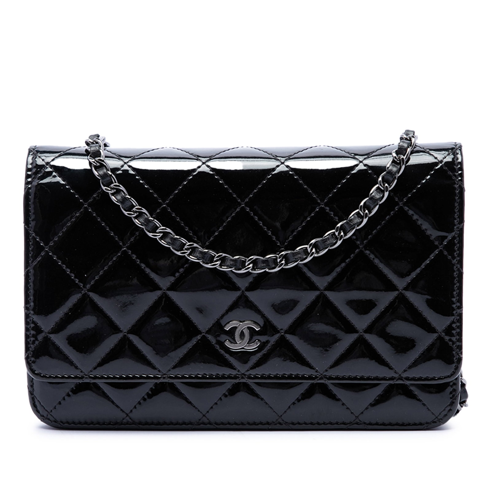 Chanel CC Wallet on Chain in Black Quilted Patent Leather: Chanel CC Wallet on Chain in Black Quilted Patent Leather A Chanel CC Quilted Patent Wallet On Chain in black patent leather. This compact bag features a quilted body, leather-woven chain link strap, 