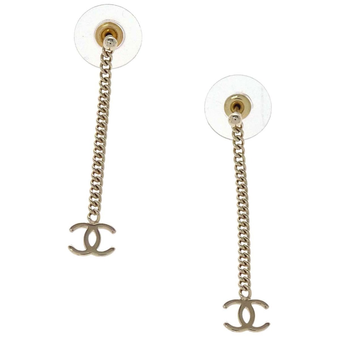 CHANEL CC Gold Plated Drop Earrings Screw Back Pierced: CHANEL CC Gold Plated Drop Earrings Screw Back Pierced Chanel dangle CC pierced earrings with a gold plated finish and black accents. These screw back pierced earrings are presented in excellent condi