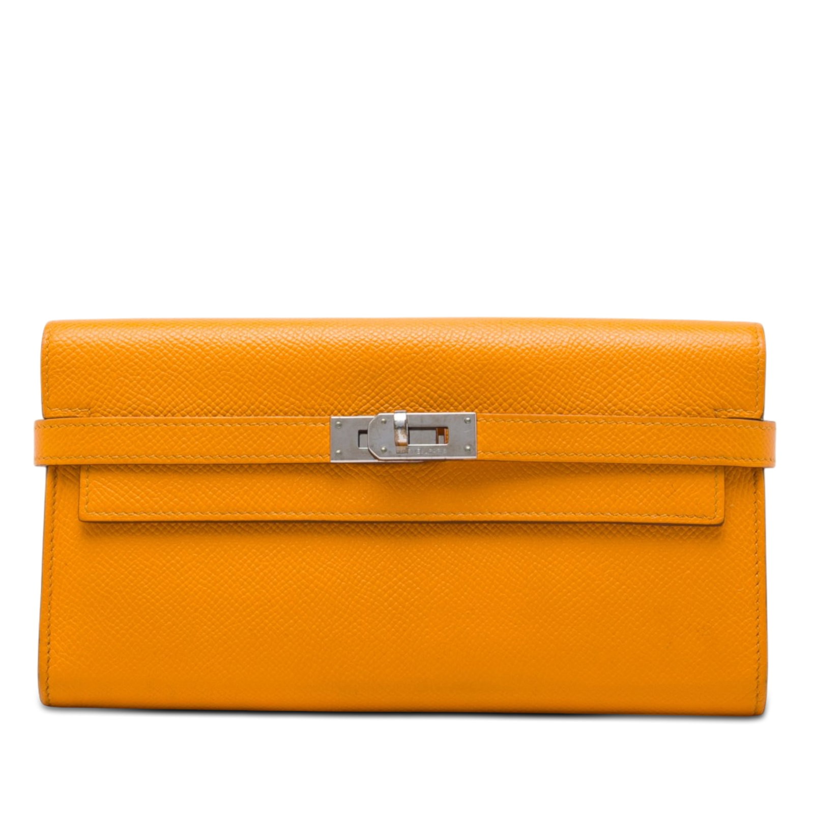 Hermes Kelly Longue Epsom Leather Wallet Orange: Hermes Kelly Longue Epsom Leather Wallet Orange A Hermes Kelly Longue wallet crafted in Epsom leather with the line's signature front flap and turn-lock closure. The interior includes zip and slip poc