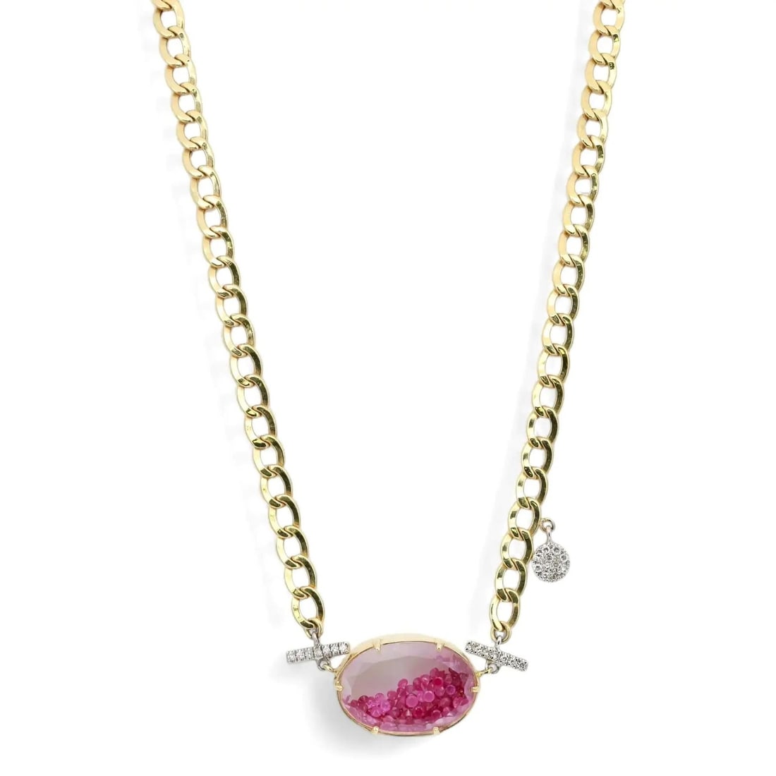 Meira T 14K Yellow Gold Ruby and Diamond Shaker Pendant Chain Necklace: Meira T 14K Yellow Gold Ruby and Diamond Shaker Pendant Chain Necklace This elegant necklace features a 14K yellow gold chain with a mini shaker pendant at the center, filled with round natural rubies