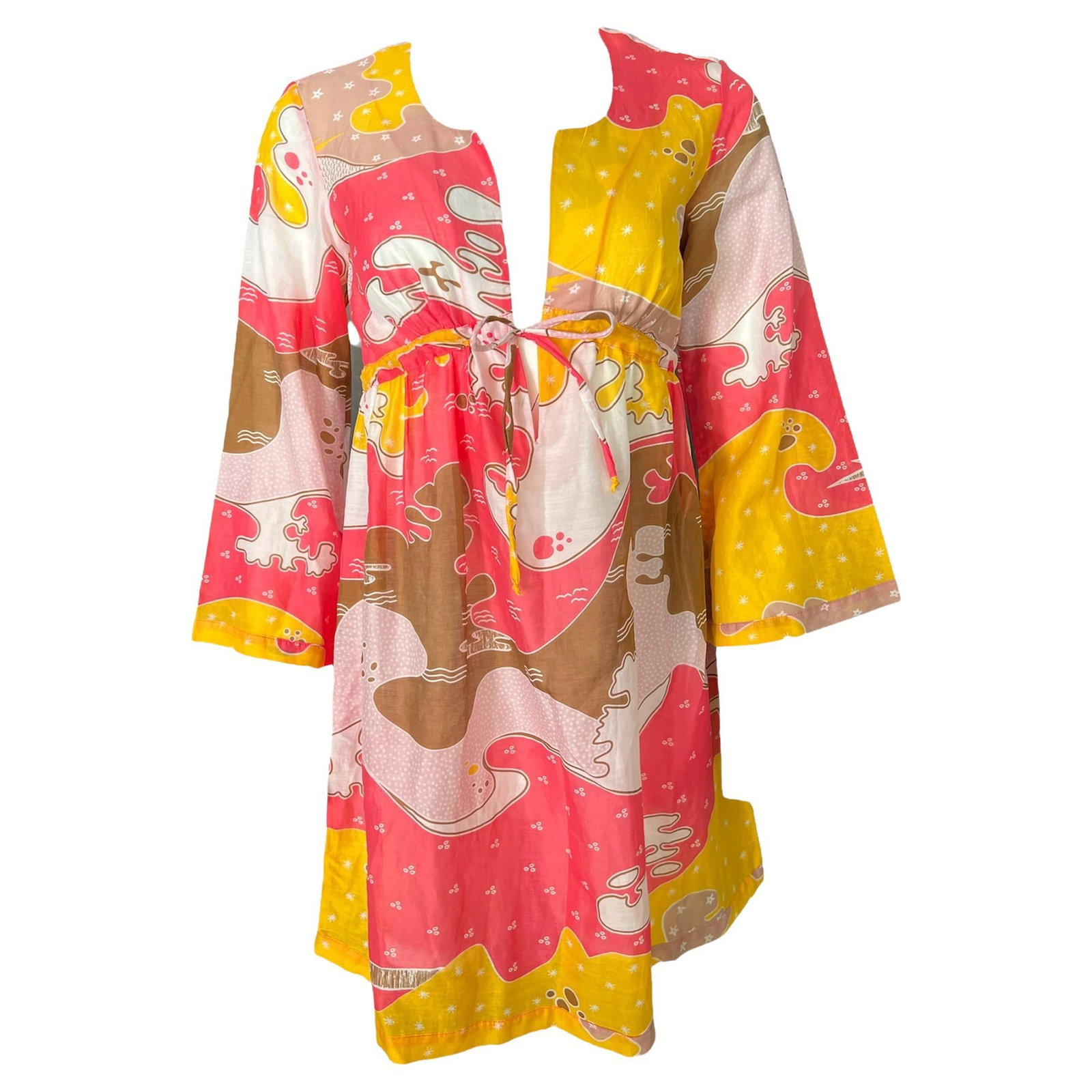 Diane von Furstenberg Abstract Print Tunic Top Cover Up XS: Diane von Furstenberg Abstract Print Tunic Top Cover Up XS A multicolored Diane von Furstenberg tunic cover up top in size XS, featuring 3/4-length flare sleeves, a front tie closure, and an abstract 