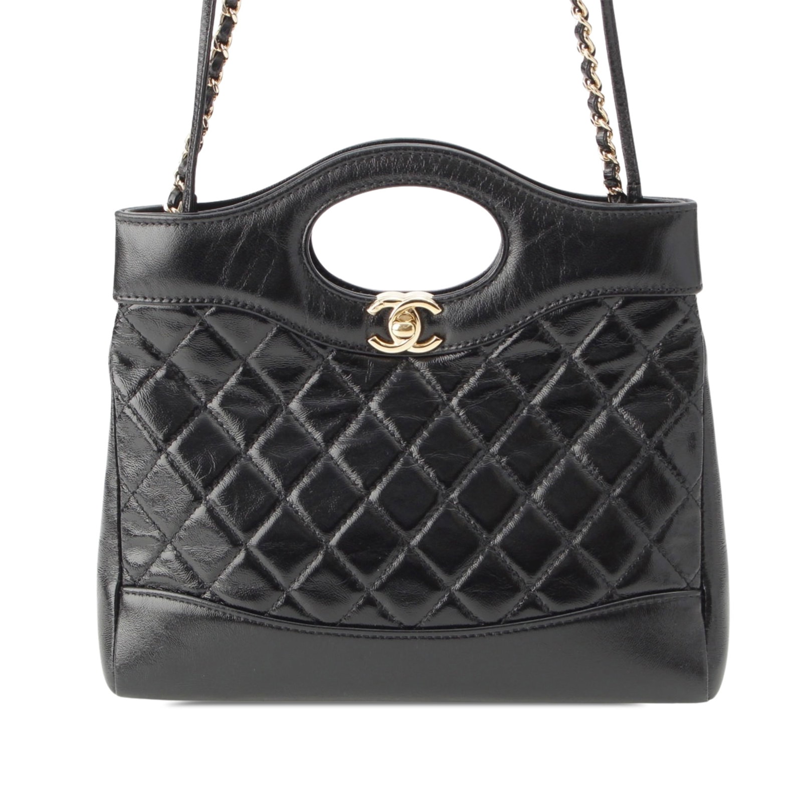 Chanel 31 Mini Shopping Bag in Black Quilted Glazed Calfskin: Chanel 31 Mini Shopping Bag in Black Quilted Glazed Calfskin This Chanel 31 shopping bag is crafted in black quilted glazed calfskin with cut-out leather handles and a leather-woven chain with a rolle