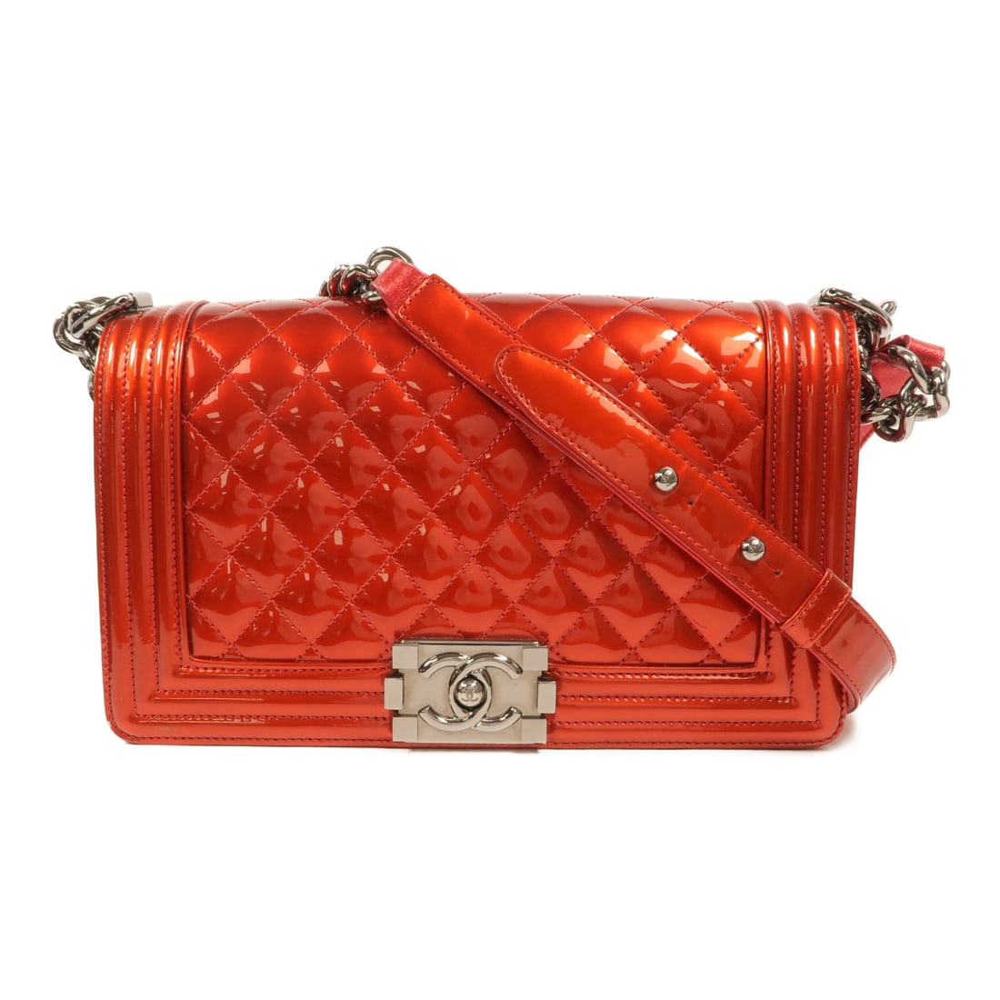 CHANEL Boy 25 Patent Leather Shoulder Bag Red Chain Strap: CHANEL Boy 25 Patent Leather Shoulder Bag Red Chain Strap Chanel Boy 25 chain shoulder bag in red patent leather with a flap design and interior open pocket. Made for women, this shoulder bag shows re