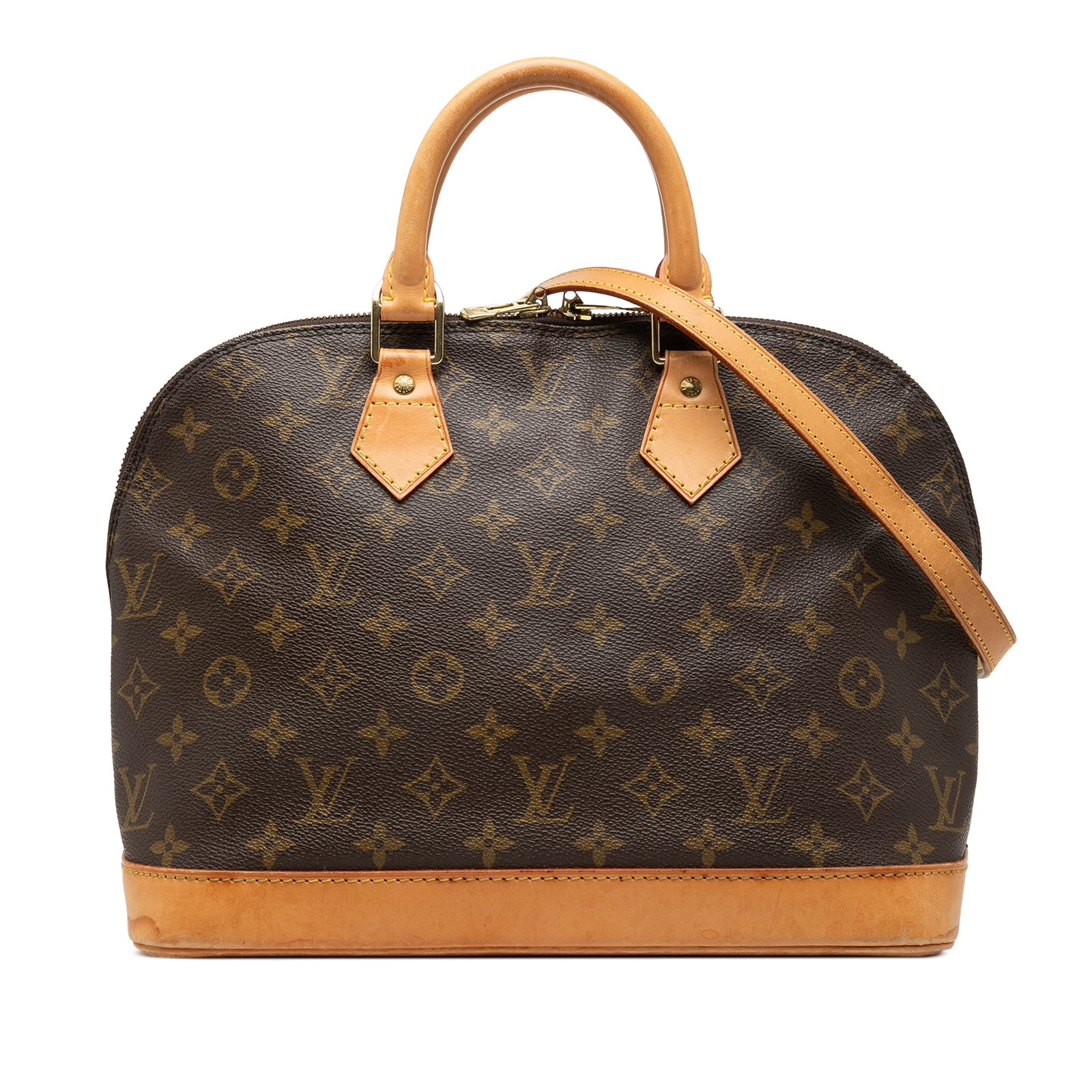 Louis Vuitton Alma PM Monogram Canvas Handbag Brown: Louis Vuitton Alma PM Monogram Canvas Handbag Brown Louis Vuitton Monogram Alma PM handbag crafted with a monogram canvas body, rolled leather handles, a leather bottom, a top zip closure, and an inte