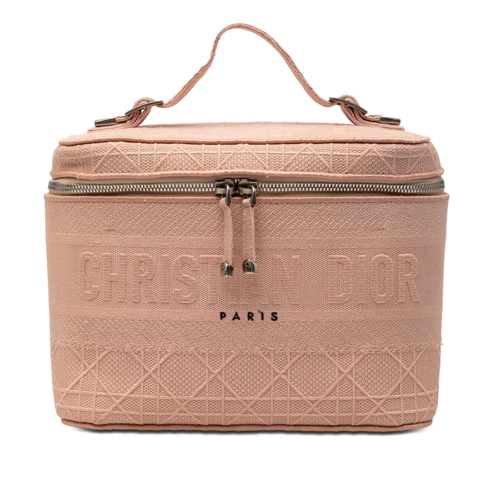 Dior Diortravel D Lite Vanity Case in Pink Cannage Canvas: Dior Diortravel D Lite Vanity Case in Pink Cannage Canvas A Diortravel D-Lite vanity case in pink embroidered canvas with the Cannage pattern. This structured vanity bag features a flat top handle, a 