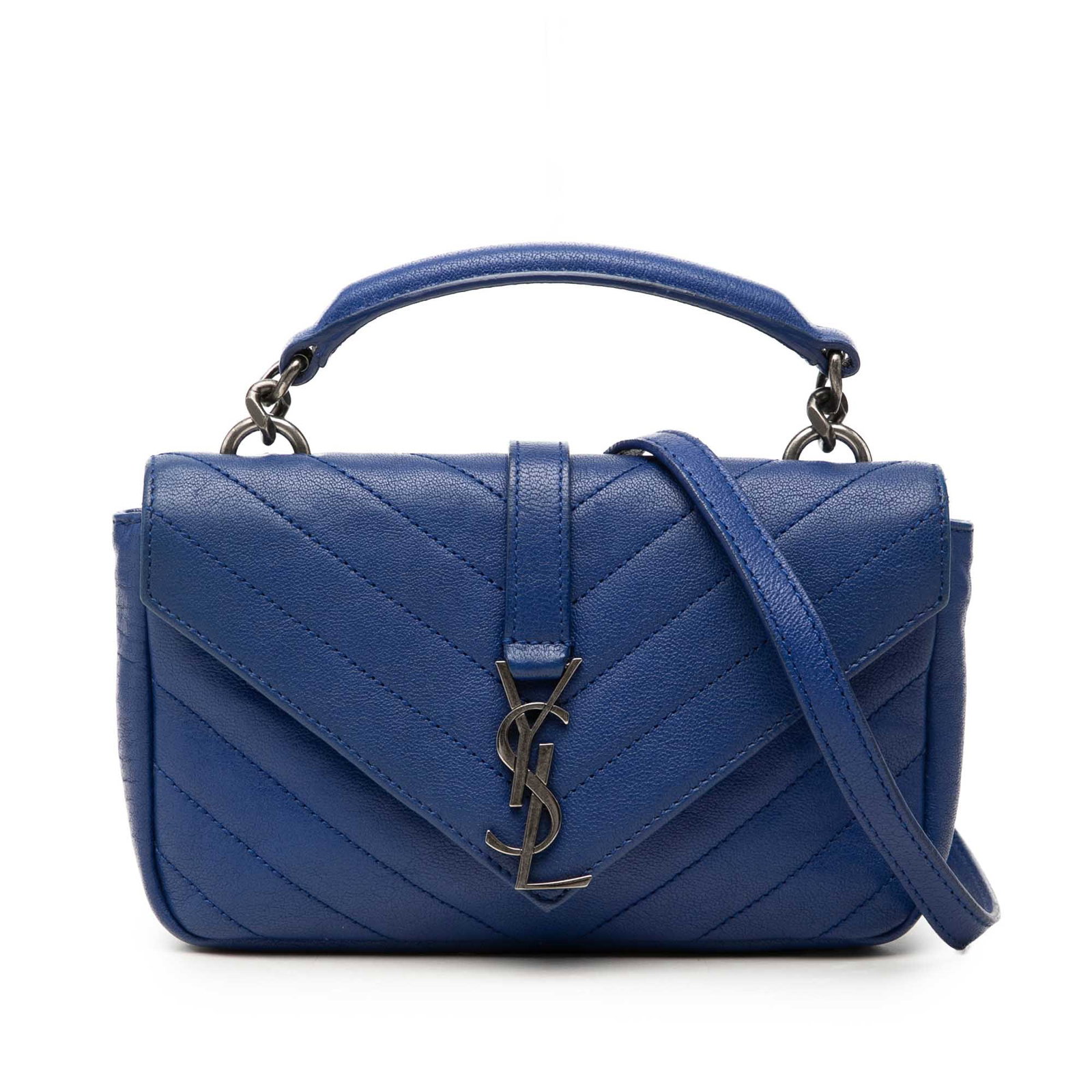 Blue quilted crossbody bag Saint Laurent Classic Monogram Baby Chevron: Blue quilted crossbody bag Saint Laurent Classic Monogram Baby Chevron Saint Laurent Baby Chevron Sheepskin Classic Monogram Chain Bag in blue quilted sheepskin leather. This crossbody style features 
