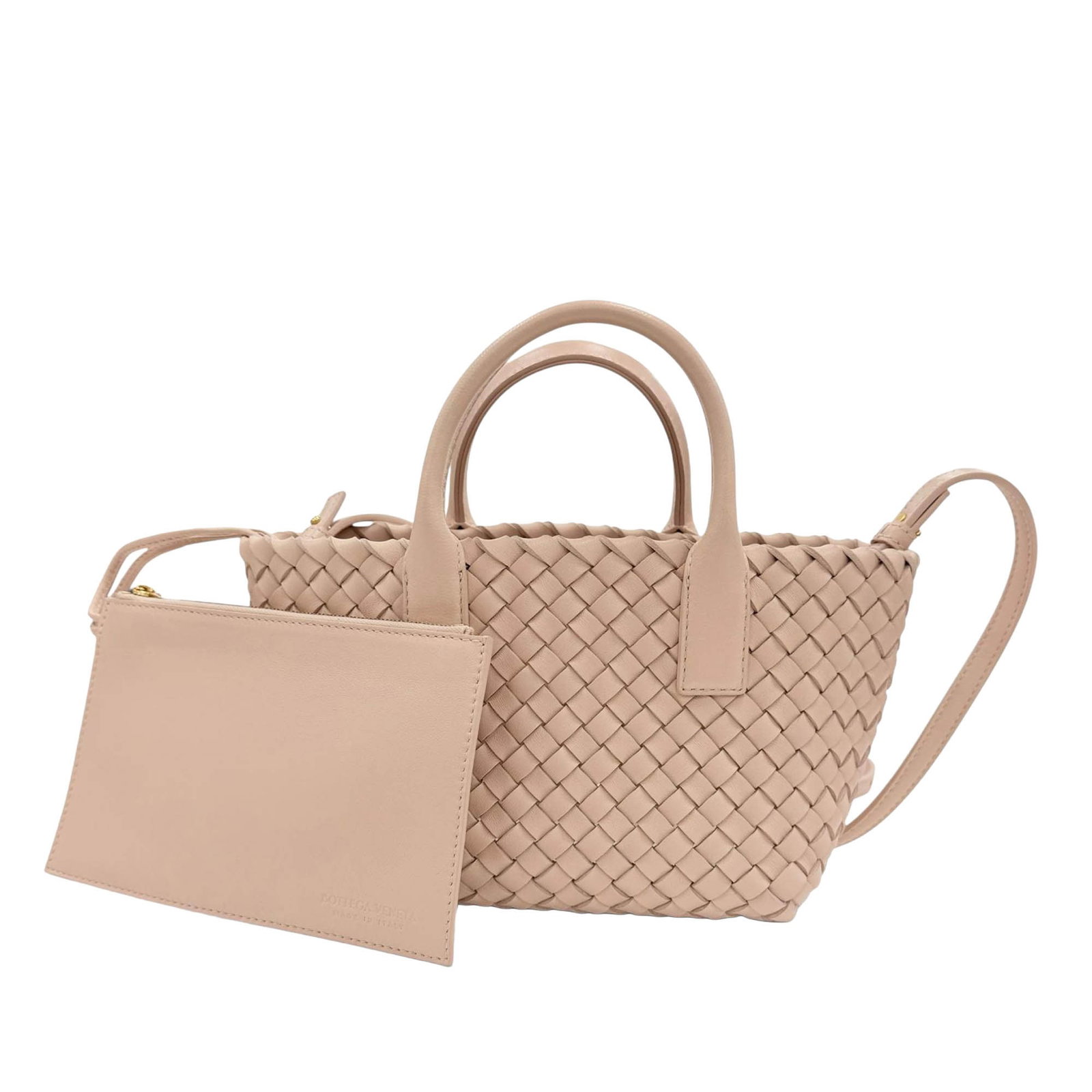 Bottega Veneta Cabat Mini Pink Intreccio Lambskin Tote: Bottega Veneta Cabat Mini Pink Intreccio Lambskin Tote Mini tote crafted in pink woven lambskin leather with rolled top handles, a detachable flat leather strap, an open top, and an included pouch. Ma