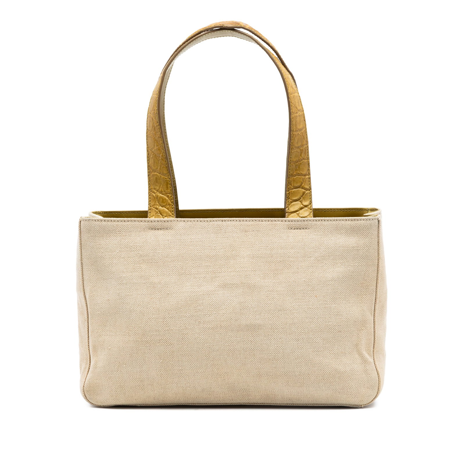 Prada Canvas Tote Bag Beige Croc Embossed Leather Straps: Prada Canvas Tote Bag Beige Croc Embossed Leather Straps Prada Canvas Tote bag in beige with a canvas body and flat croc-embossed leather shoulder straps. It features an open top with magnetic snap cl