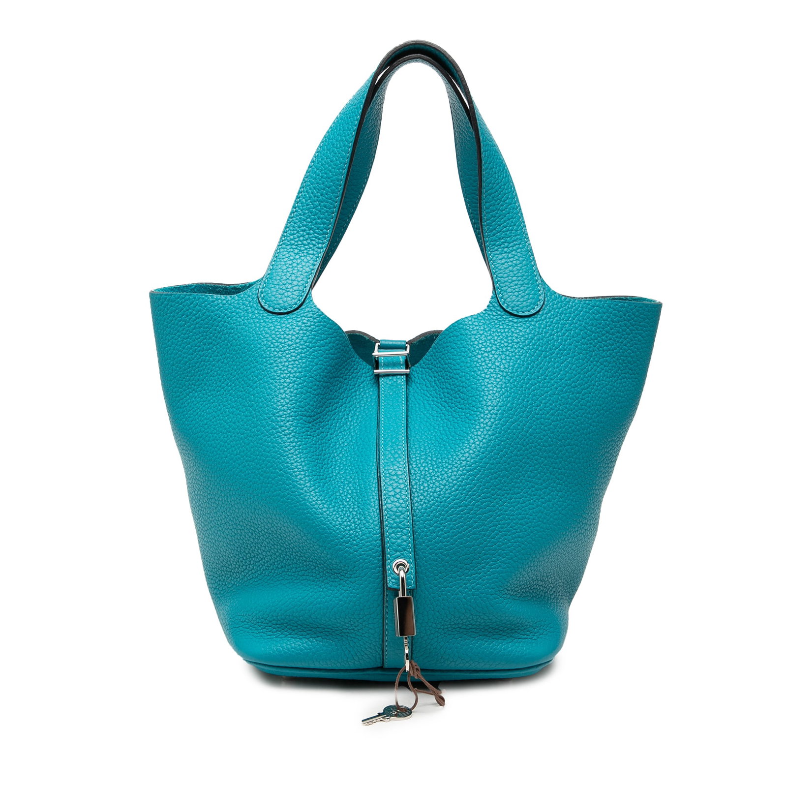 Hermes Picotin Lock 22 Clemence Leather Bag Blue: Hermes Picotin Lock 22 Clemence Leather Bag Blue Hermes Picotin Lock 22 in blue Clemence leather with flat leather handles and an open top with a flat strap and buckle closure. Includes dust bag. Cond
