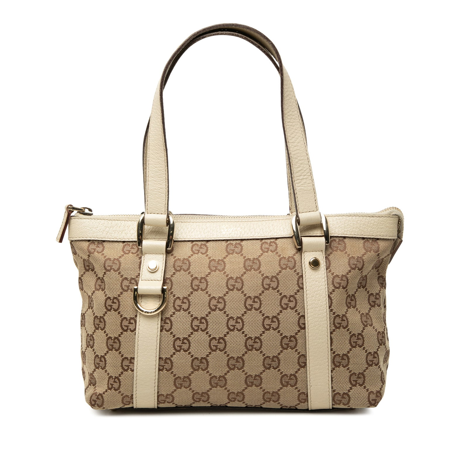 Gucci Abbey D Ring Tote in Beige GG Canvas: Gucci Abbey D Ring Tote in Beige GG Canvas Gucci GG Canvas Abbey D Ring Tote in beige with a canvas body, leather trim, and flat leather straps. The bag features a top zip closure and an interior with