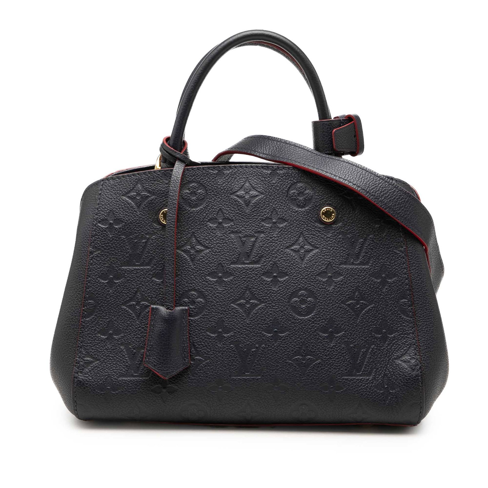 Louis Vuitton Montaigne BB Blue Monogram Empreinte Leather Handbag: Louis Vuitton Montaigne BB Blue Monogram Empreinte Leather Handbag Louis Vuitton Monogram Empreinte Montaigne BB handbag in blue leather with rolled handles and a detachable flat shoulder strap. The b