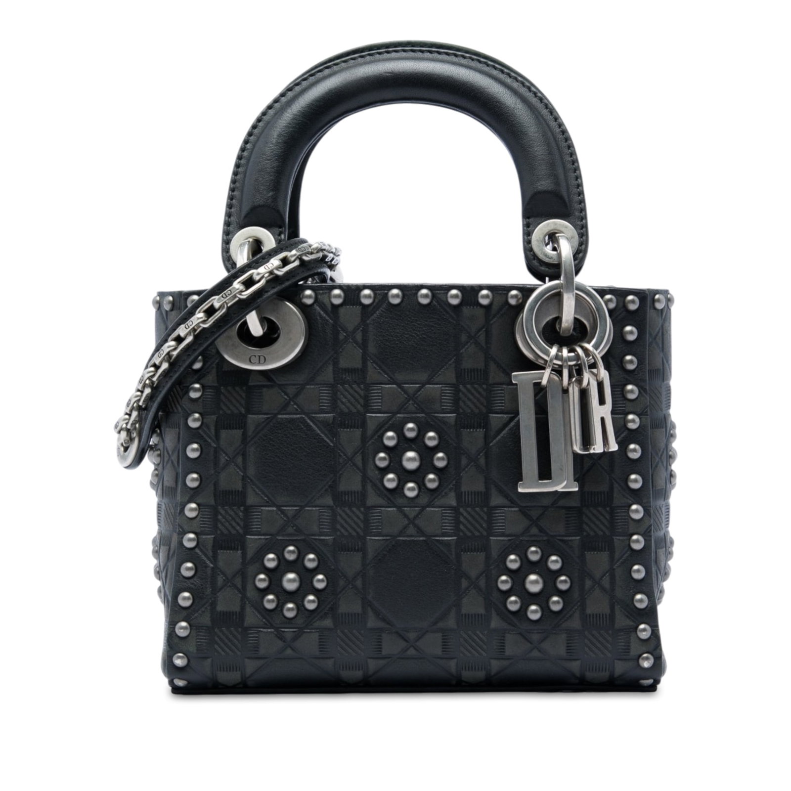 Dior Lady Dior Mini Black Calfskin Satchel with Chain Strap: Dior Lady Dior Mini Black Calfskin Satchel with Chain Strap Mini Lady Dior satchel in black calfskin leather with Cannage embossing and studded flower detailing. It features flat leather handles, a de