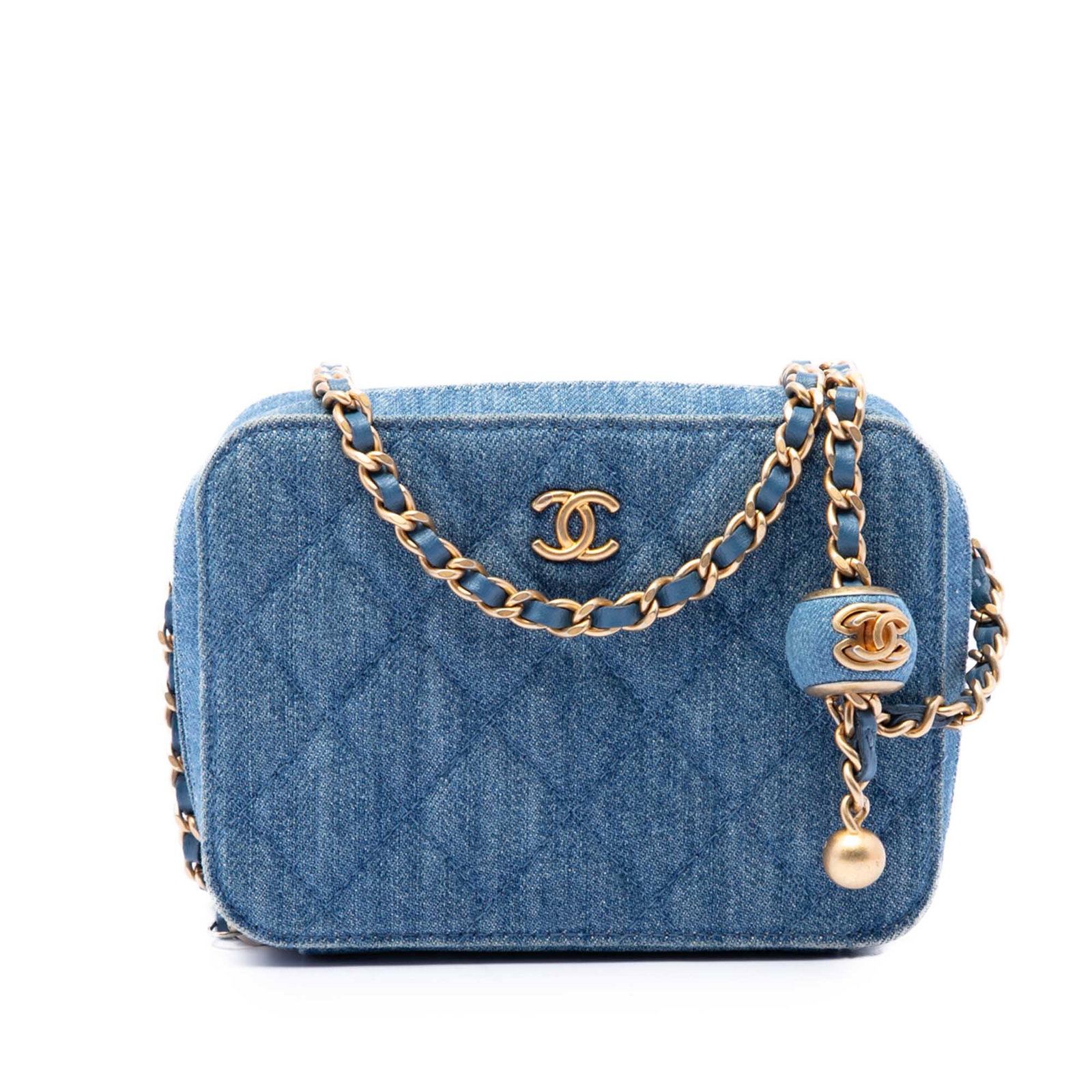 Chanel Pearl Crush Quilted Denim Camera Crossbody Bag: Chanel Pearl Crush Quilted Denim Camera Crossbody Bag A Chanel Quilted Denim Pearl Crush Camera Bag with a compact crossbody silhouette. It features a quilted denim body, a leather-woven chain link sh